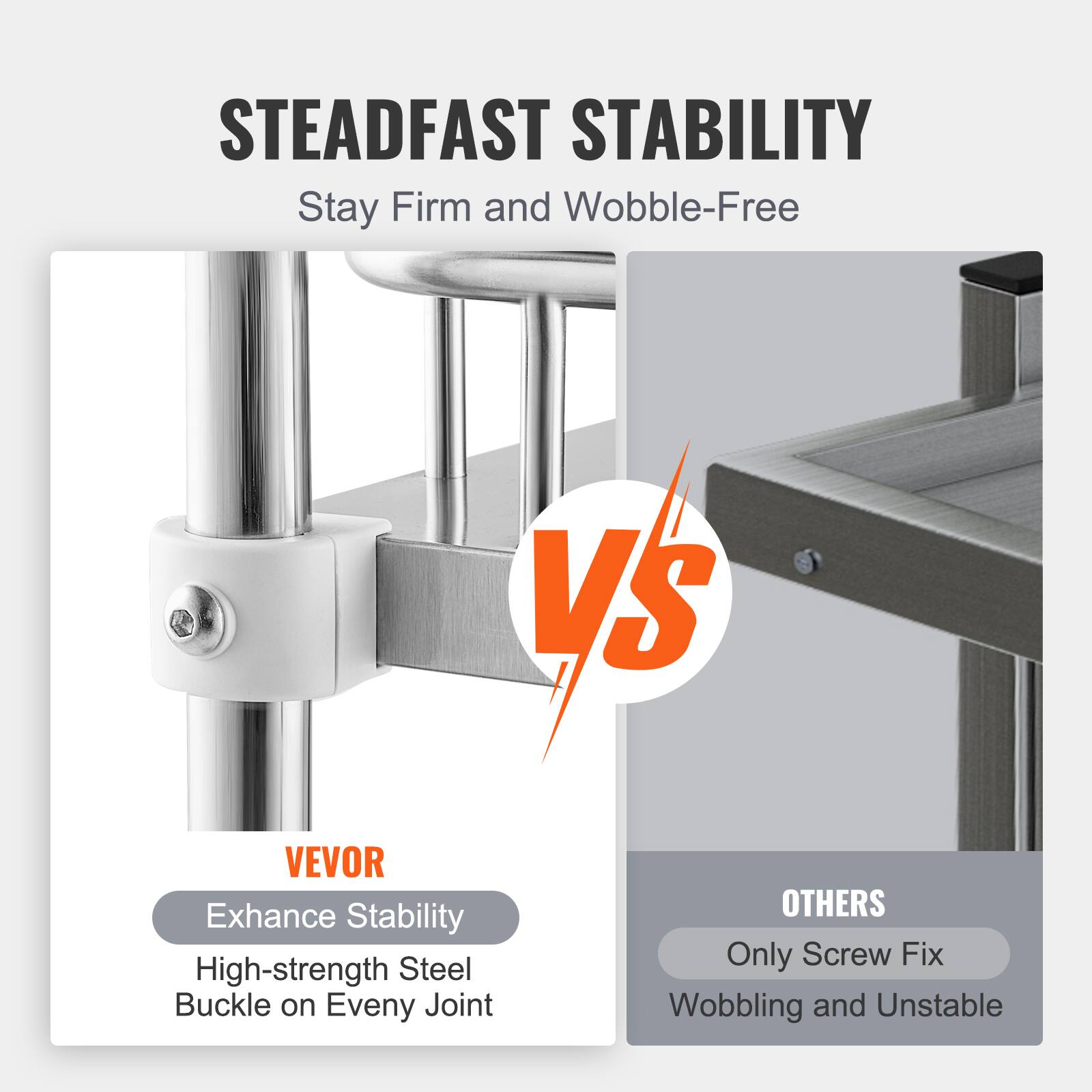 STEADFAST STABILITY Stay Firm and Wobble-Free VS VEVOR Exhance Stability High-strength Steel Buckle on Eveny Joint OTHERS Only Screw Fix Wobbling and Unstable