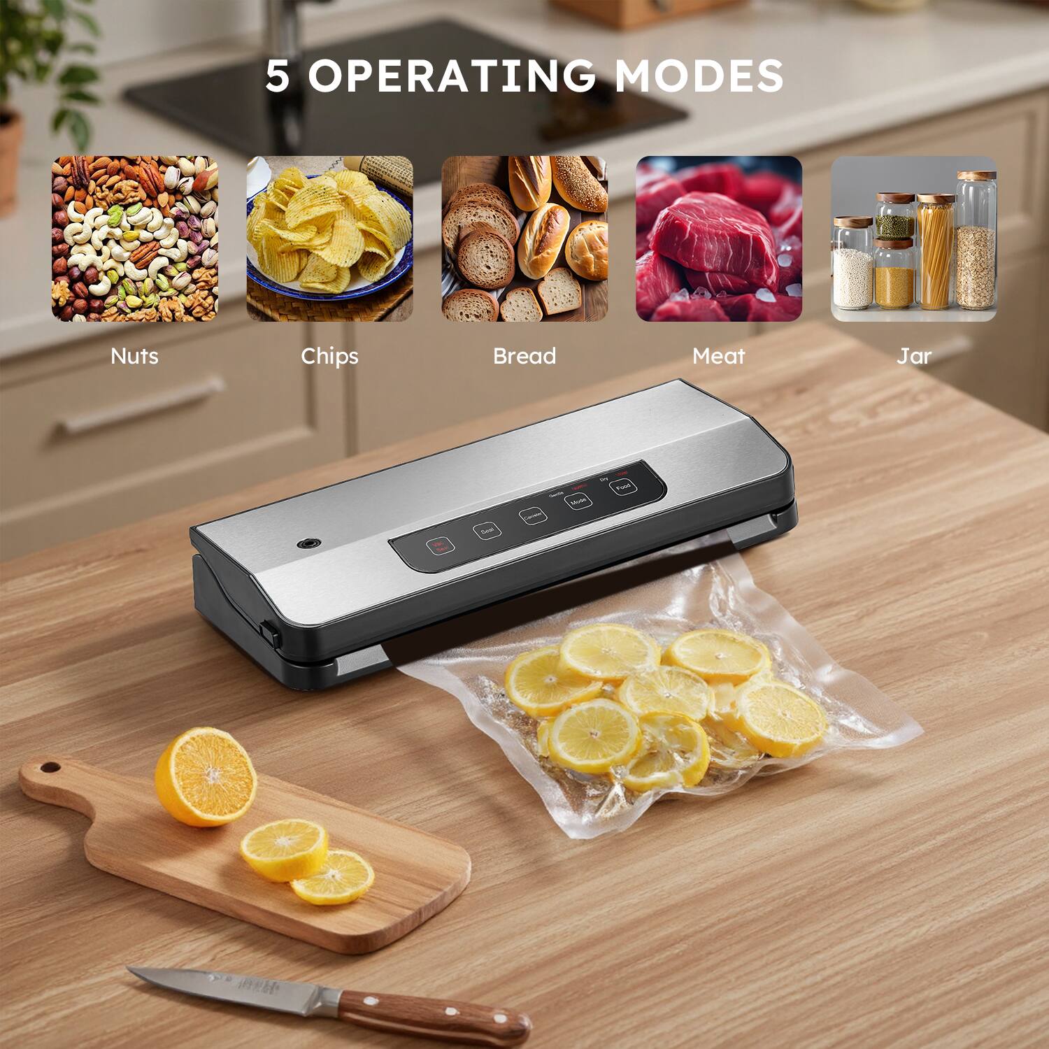 5 OPERATING MODES

Nuts  
Chips  
Bread  
Meat  
Jar