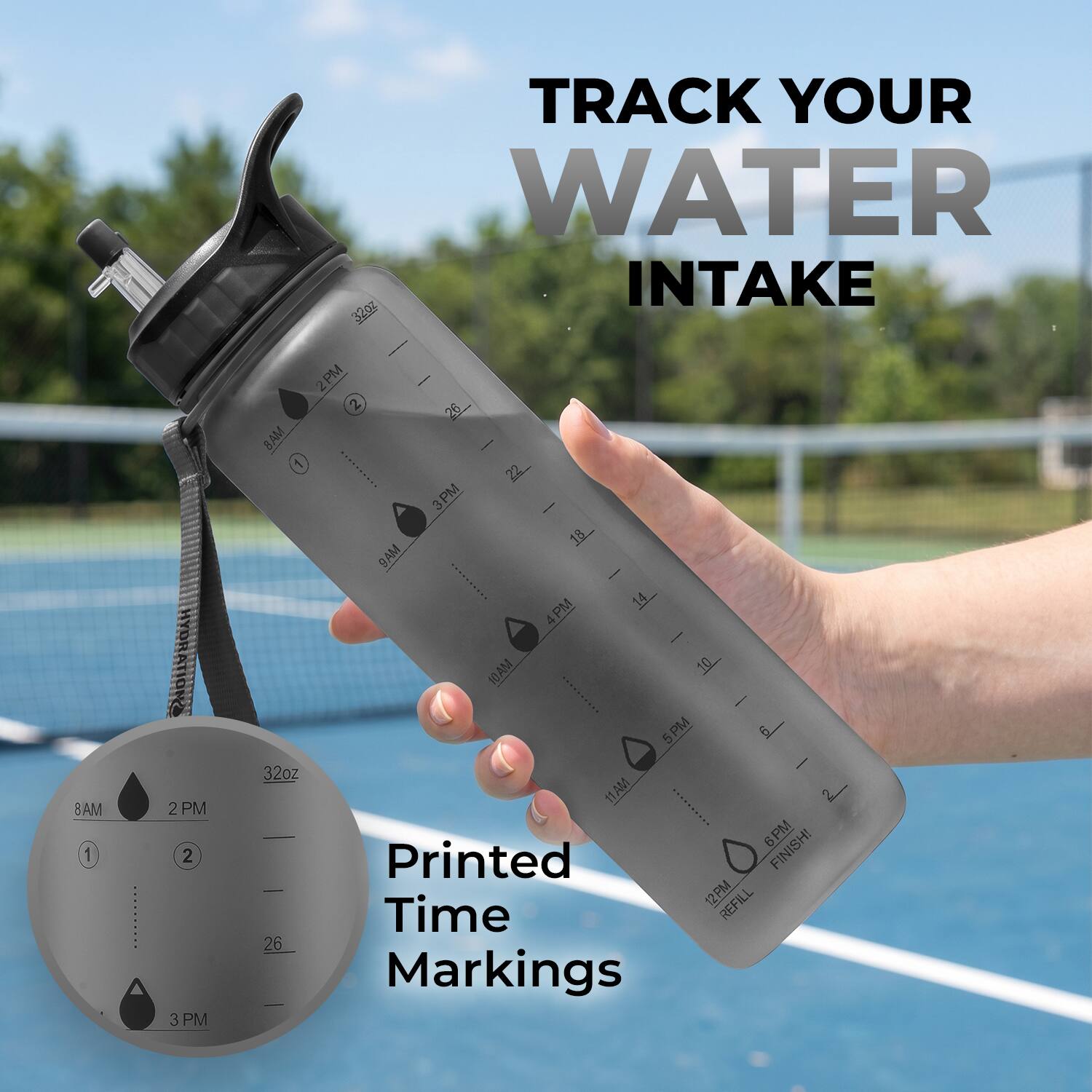 8AM 1 HYDRA ND I 2 PM 2 3 PM 8AM 1 32oz 26 TRACK YOUR WATER INTAKE 320Z - PM | 2 2 26 | 22 3PM : 18 9AM : POVELEENSA 14. 4PM I 10AM 10 : 5PM 5 a 6 : 11AM 2 6PM FINISH! Printed 12PM REFILL Time Markings
