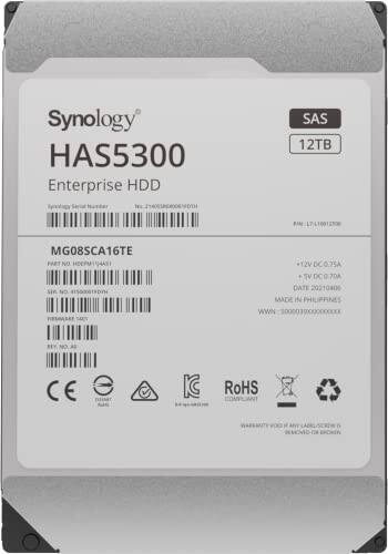 Synology HAS5300 Enterprise HDD SAS 12TB  
MG08SCA16TE  
PART NO: HDEPM114AT1  
12V DC 0.75A  
SV DC 0.70A  
DATE: 20210406  
MADE IN PHILIPPINES  
WWN: 1000039XX0XX0X  
CE RoHS
