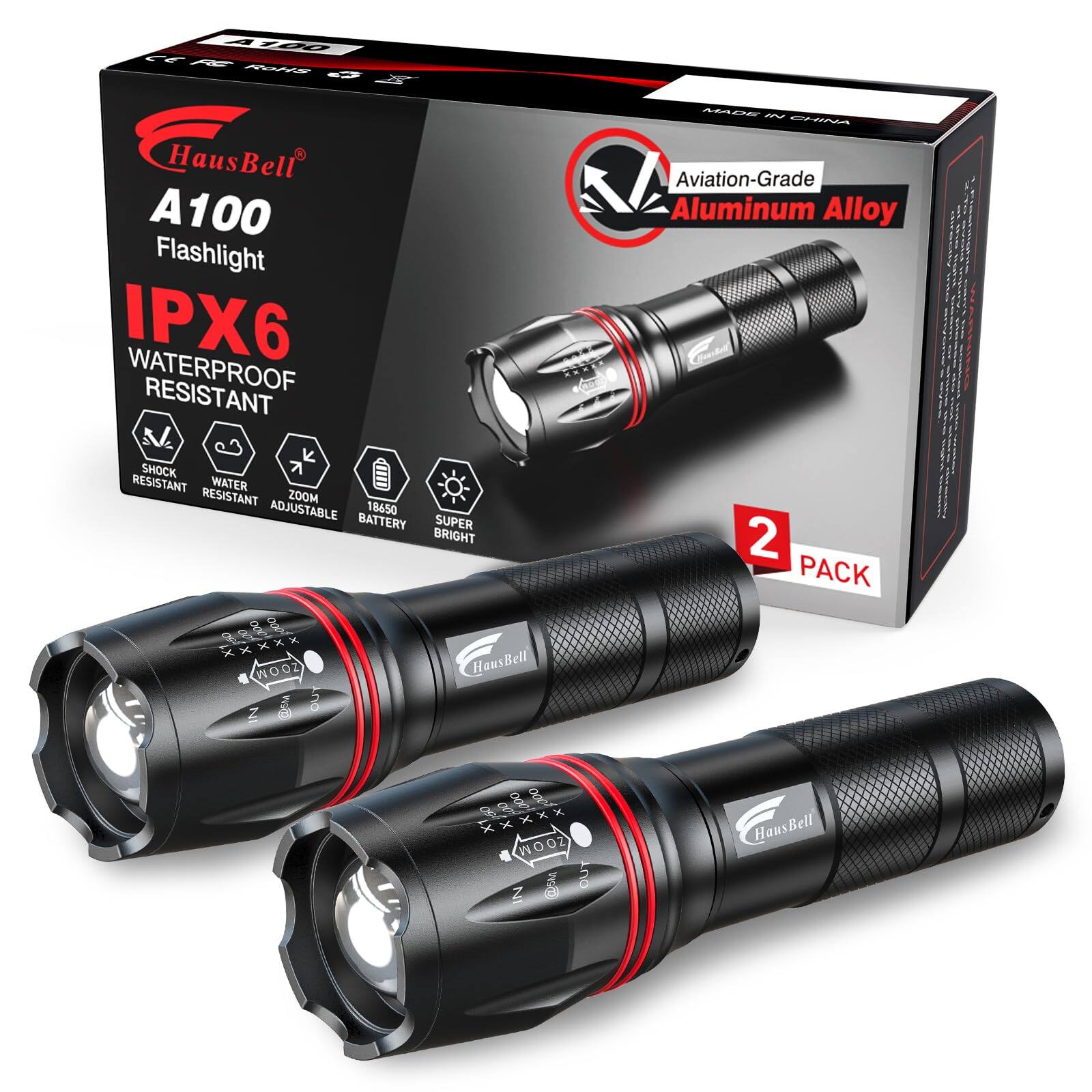 410 PE - HausBell A100 Flashlight IPX6 WATERPROOF RESISTANT SHOCK RESISTANT WATER RESISTANT ZOOM ADJUSTABLE 18650 BATTERY SUPER BRIGHT AME - PA Aviation-Grade Aluminum Alloy 2 PACK