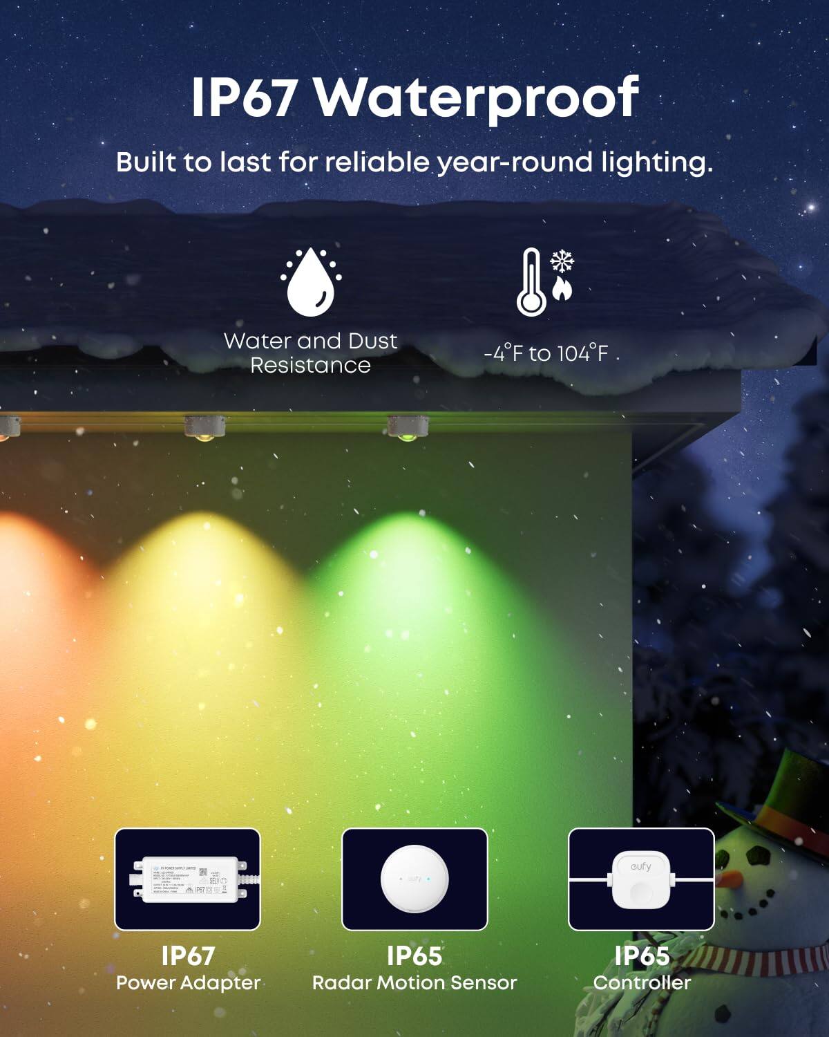 IP67 Waterproof  
Built to last for reliable year-round lighting.

Water and Dust Resistance  
-4°F to 104°F

IP67 Power Adapter  
IP65 Radar Motion Sensor  
IP65 Controller