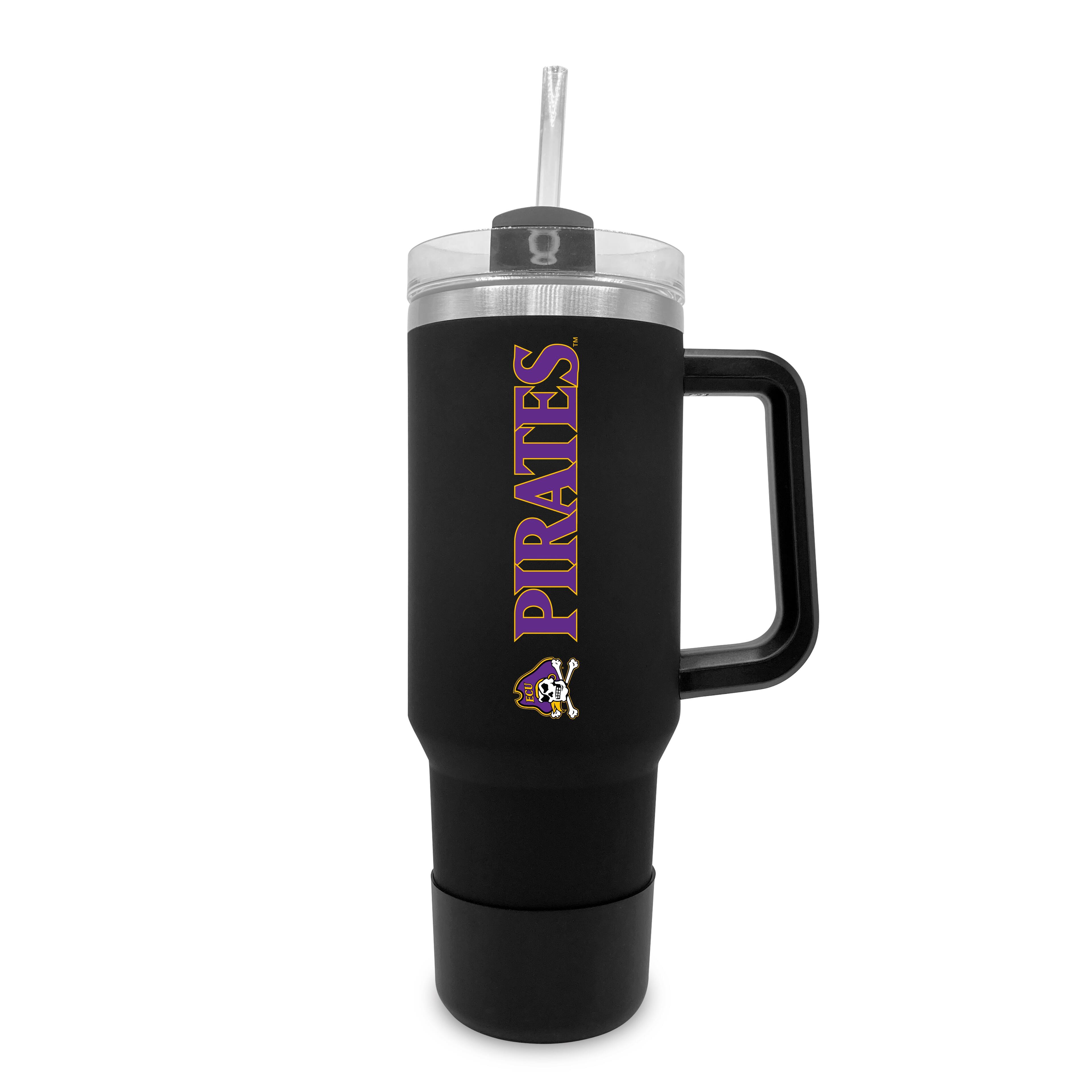 Front. The Fanatic Group - ECU Pirates 40oz. Stainless Tumbler with Handle & Removable Straw - Black.
