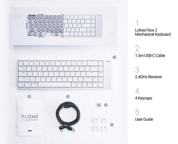 1. Lofree Flow 2 Mechanical Keyboard
2. 1.5m USB-C Cable
3. 2.4GHz Receiver
4. Keycaps
5. User Guide