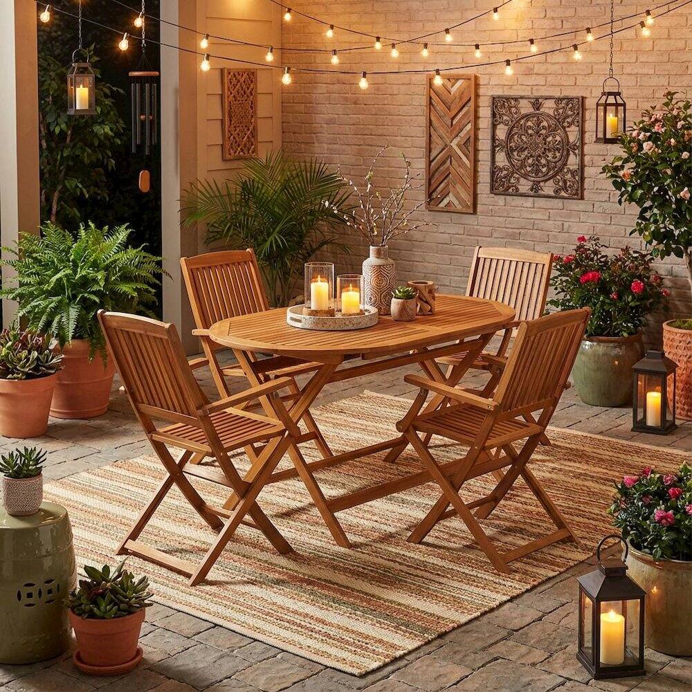 Alt View 2. Outdoor Escape - Oil-Finish Wooden Patio Set with Dining Table and 4 Outdoor Chairs - Brown.