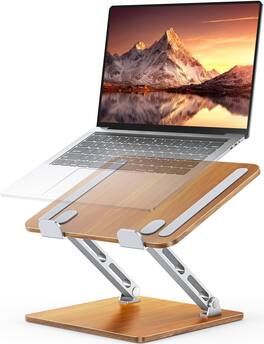 HongFei - Ergonomic Laptop Stand, Wood & Aluminum Computer Stand with Adjustable Angle, Foldable Dual-Bar Laptop Riser Holder - Royal Teak Grain