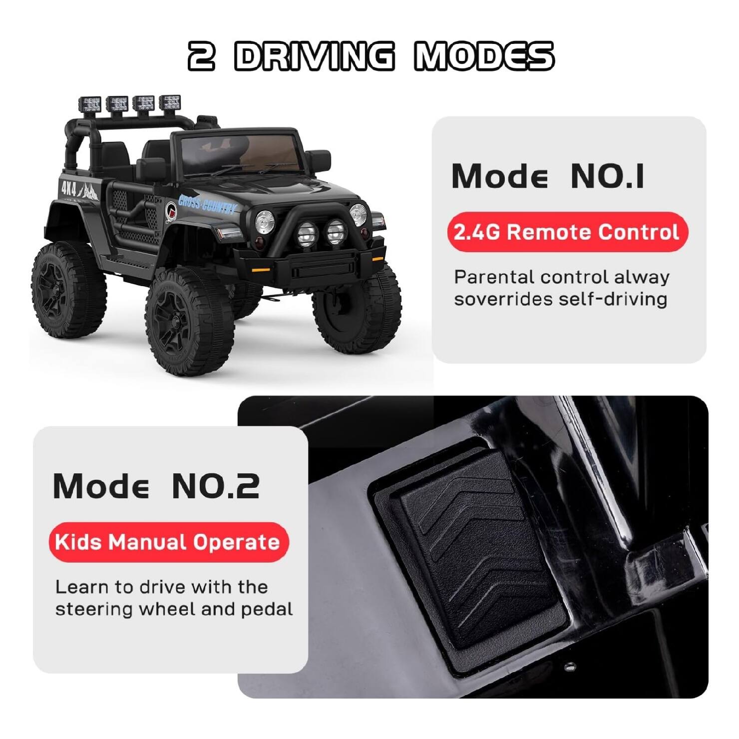 2 DRIVING MODES

Mode NO.1  
2.4G Remote Control  
Parental control always overrides self-driving

Mode NO.2  
Kids Manual Operate  
Learn to drive with the steering wheel and pedal