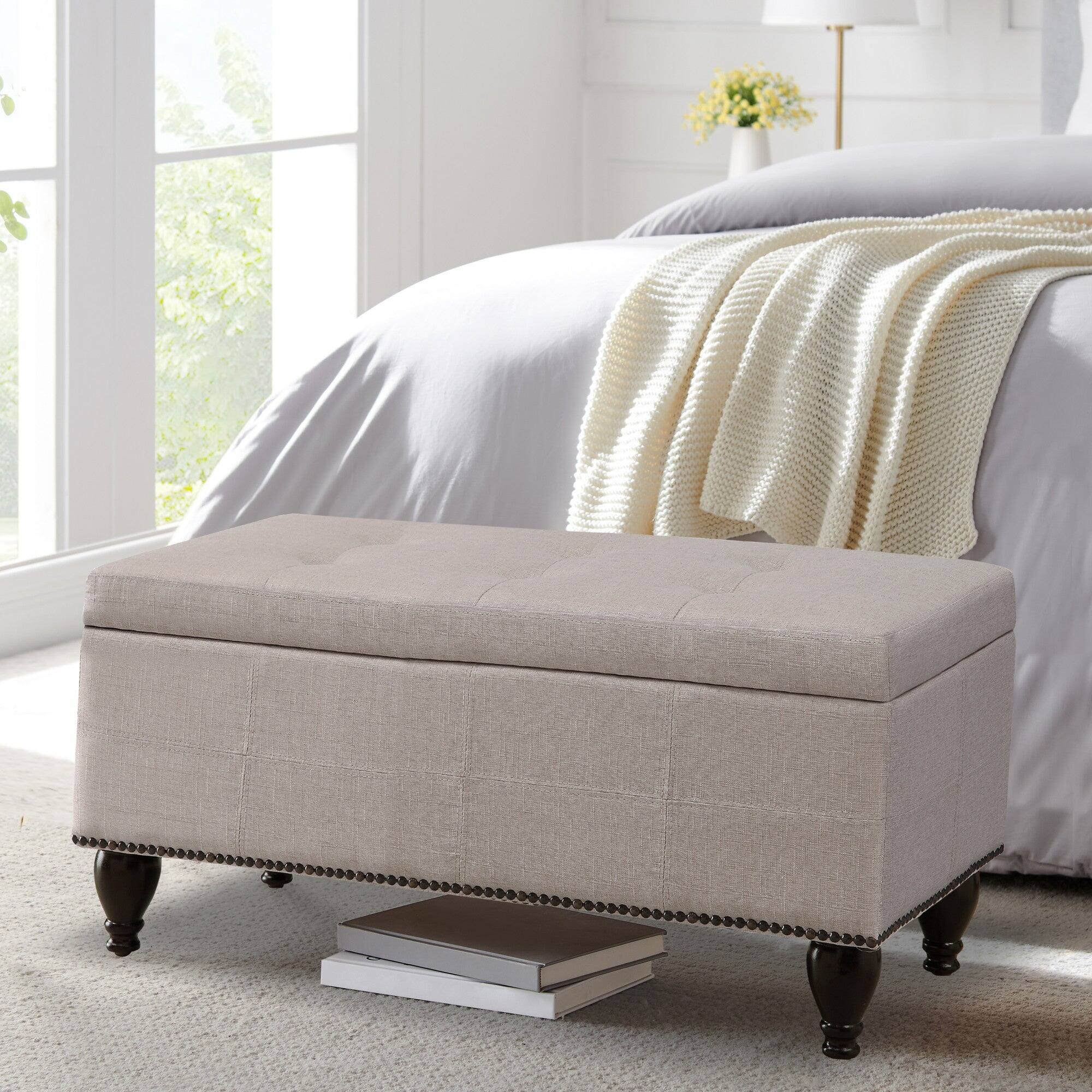 Alt View 5. Boyel Living - Small Linen Bench with Nailhead Trim and Solid Wood Legs - Beige.