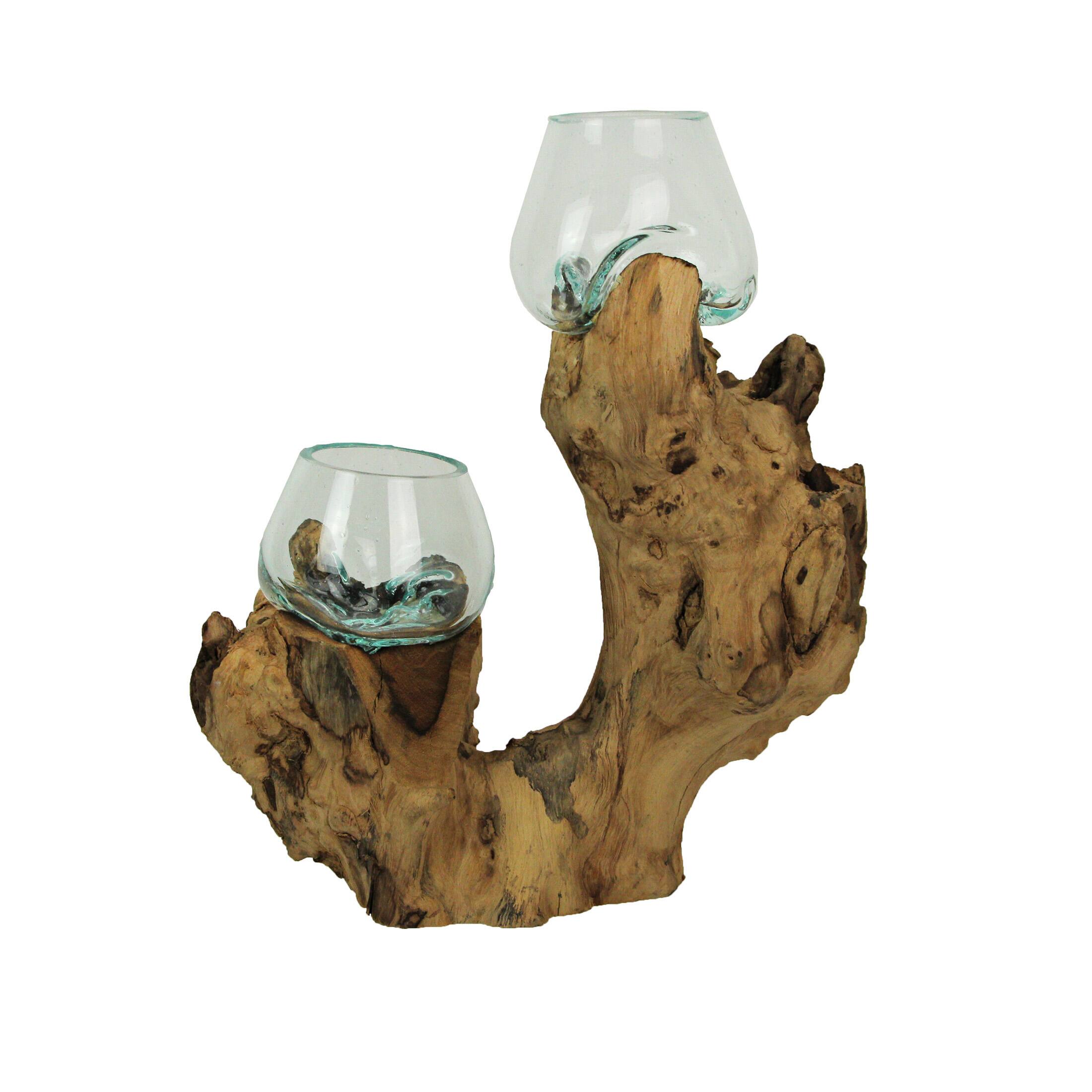 Alt View 7. Chesapeake Bay - Molten Glass On Root Wood Double Decorative Bowl Vase Plant Terrarium - Boho Style For Tabletops - Brown.