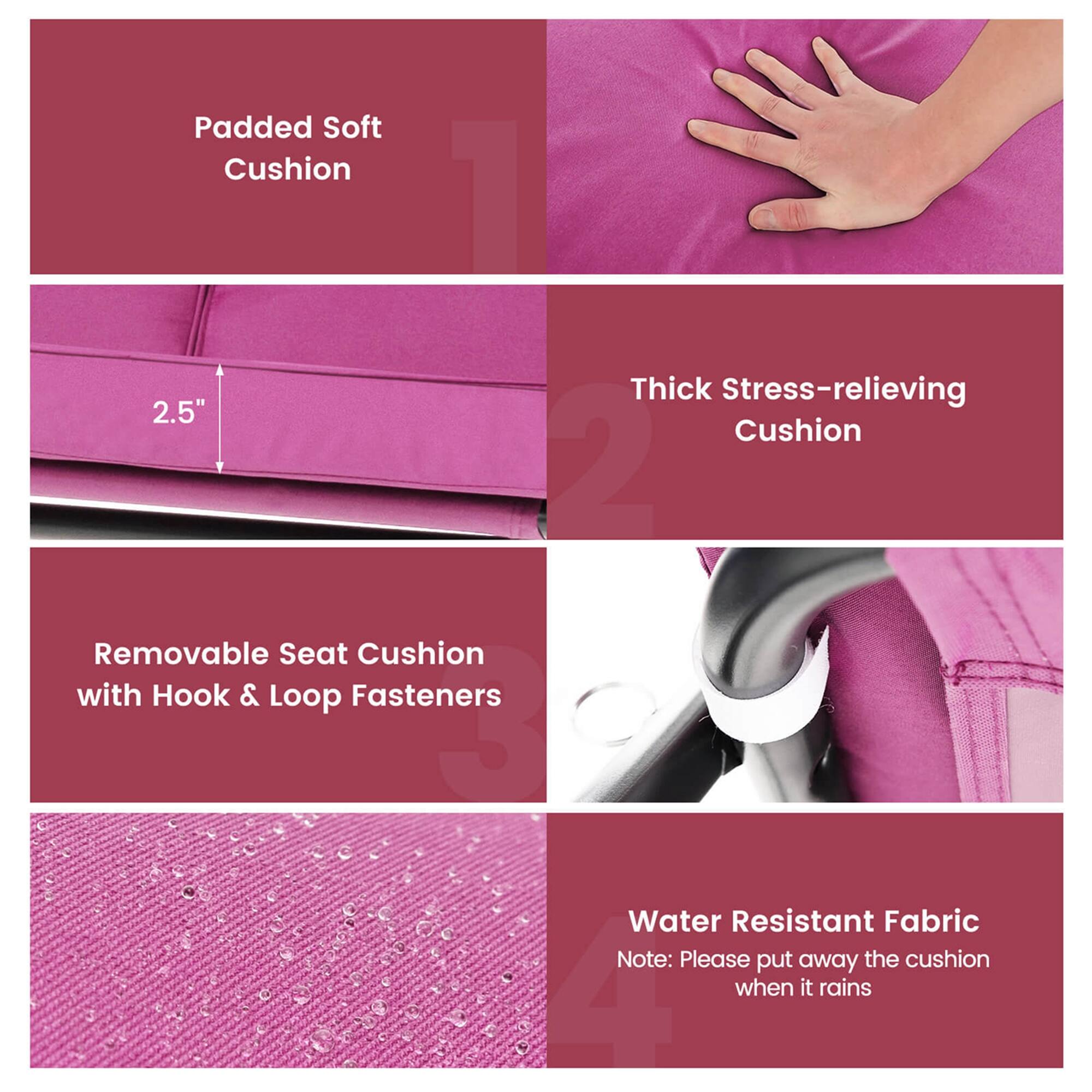 Padded Soft Cushion 1, Thick Stress-relieving Cushion 2.5", Removable Seat Cushion with Hook & Loop Fasteners 3, Water Resistant Fabric Note: Please put away the cushion when it rains 4