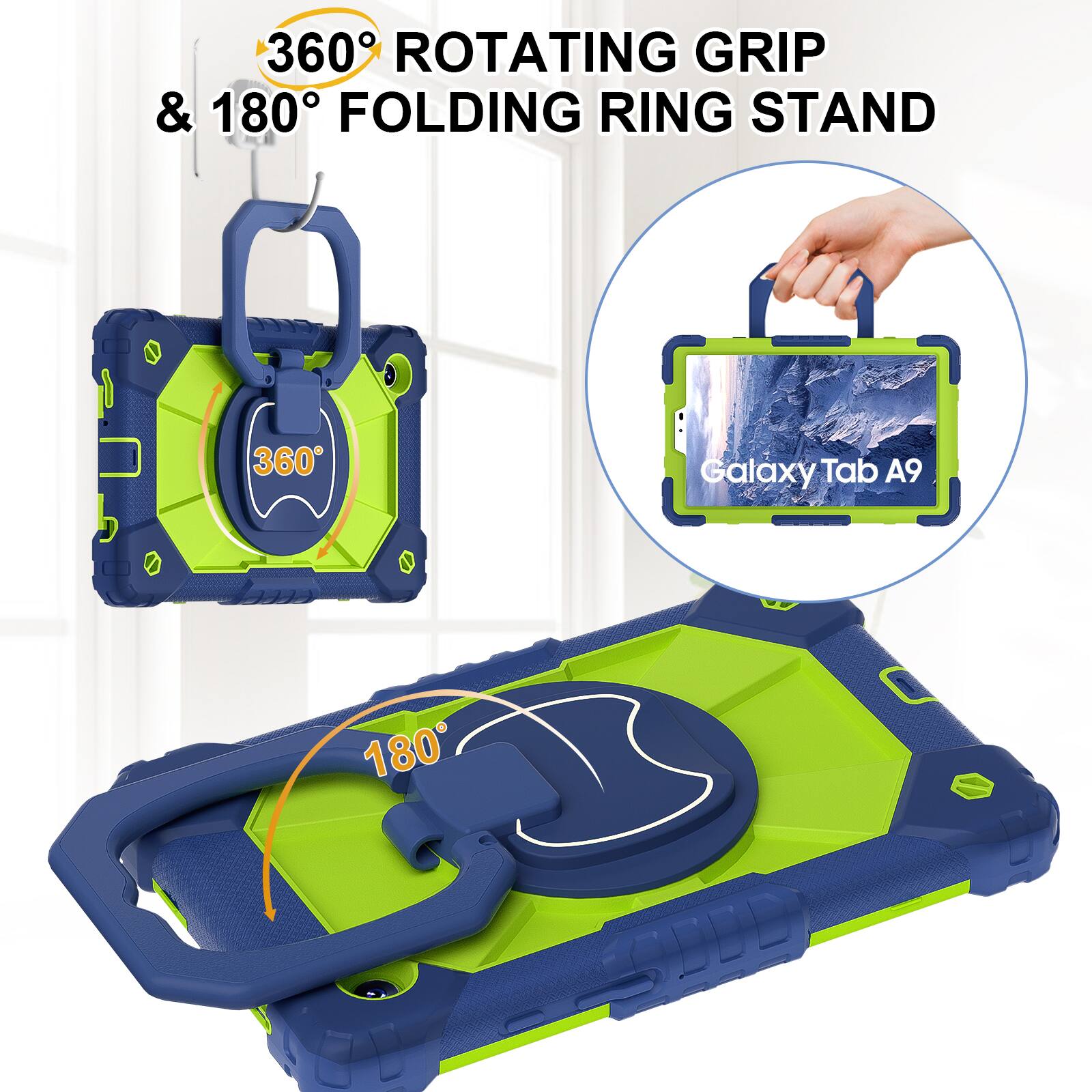 360° Rotating Grip & 180° Folding Ring Stand  
Galaxy Tab A9
