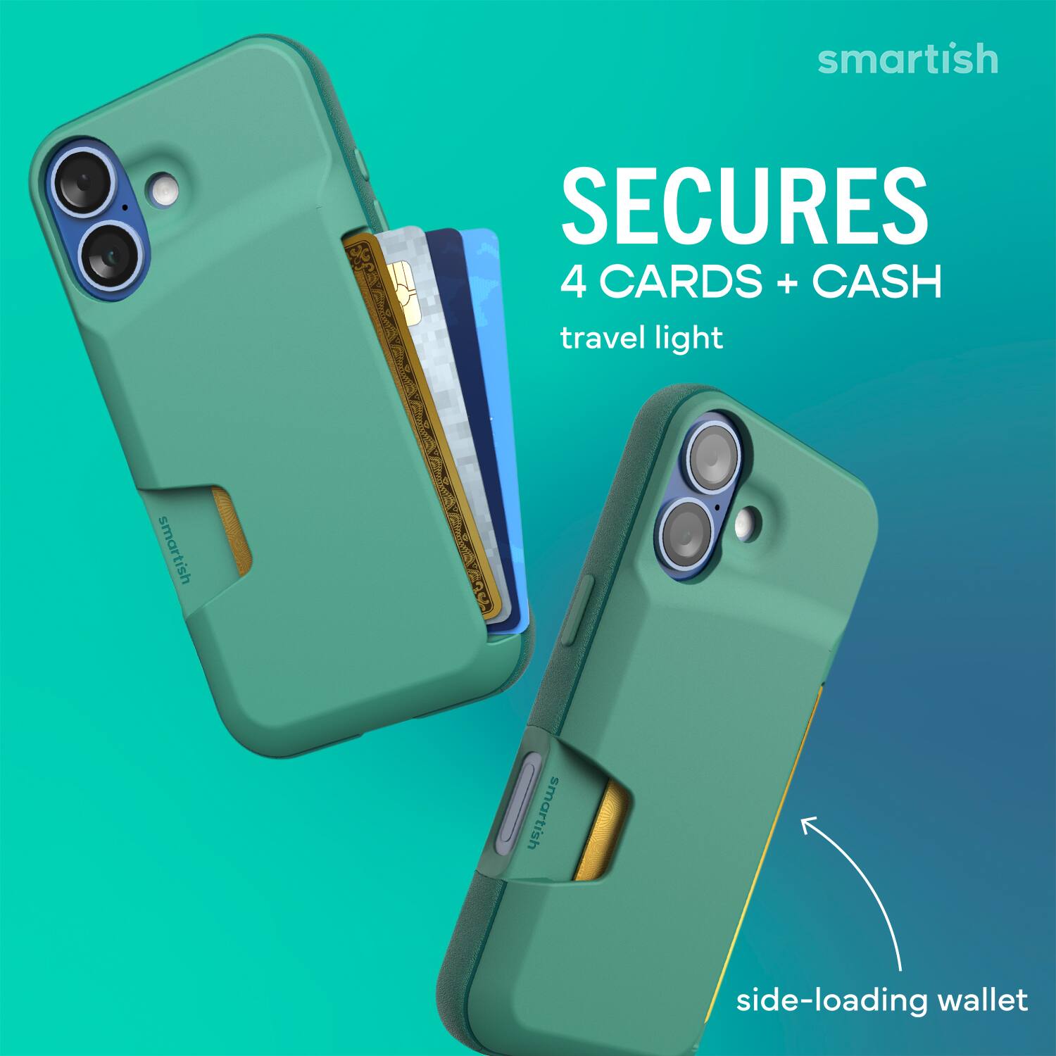 smartish  
SECURES  
4 CARDS + CASH  
travel light  

smartish  
side-loading wallet