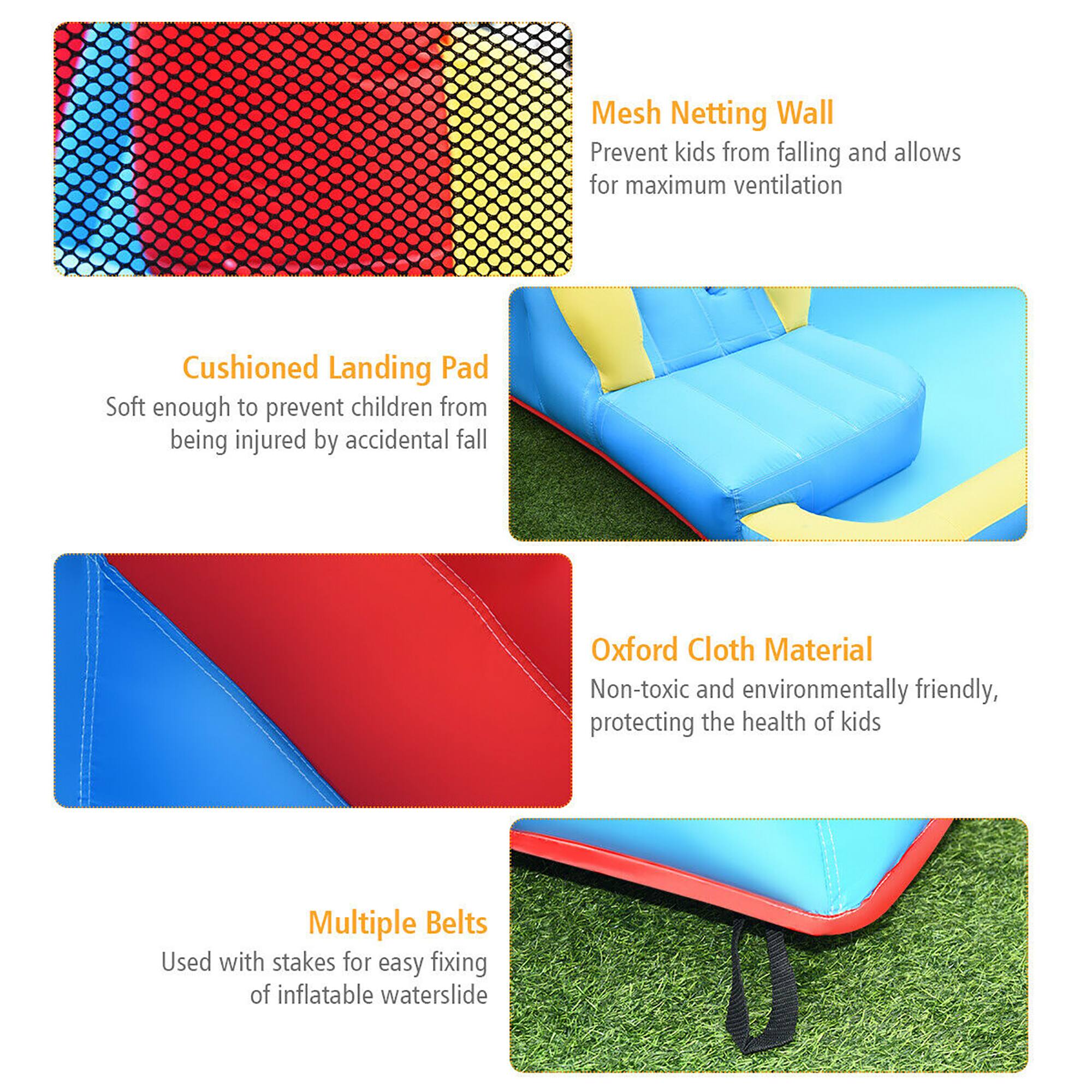 The text on the image is grouped and corrected as follows:

1. Mesh Netting Wall: Prevent kids from falling and allows for maximum ventilation.
2. Cushioned Landing Pad: Soft enough to prevent children from being injured by accidental fall.
3. Oxford Cloth Material: Non-toxic and environmentally friendly, protecting the health of kids.
4. Multiple Belts: Used with stakes for easy fixing of inflatable waterslide.
