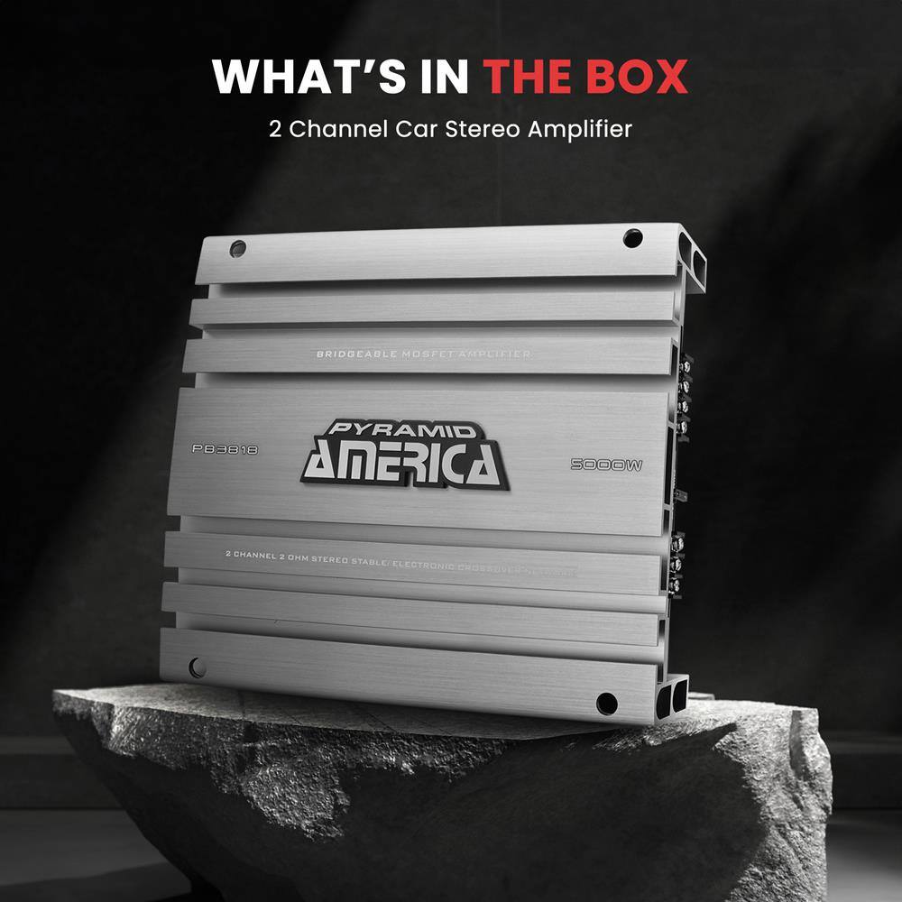 WHAT'S IN THE BOX  
2 Channel Car Stereo Amplifier  
BRIDGABLE MOSFET AMPLIFIER  
PYRAMID AMERICA  
P03810  
2 CHANNEL 2 OHM STEREO STABLE ELECTRONIC  
5000W