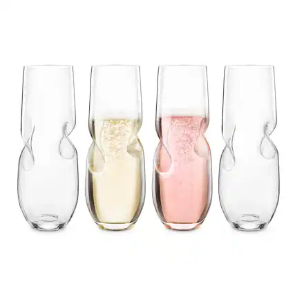 Front. Final Touch - Bubbles Sparkling Wine / Champagne Stemless Glasses - Set of 4 - Clear.