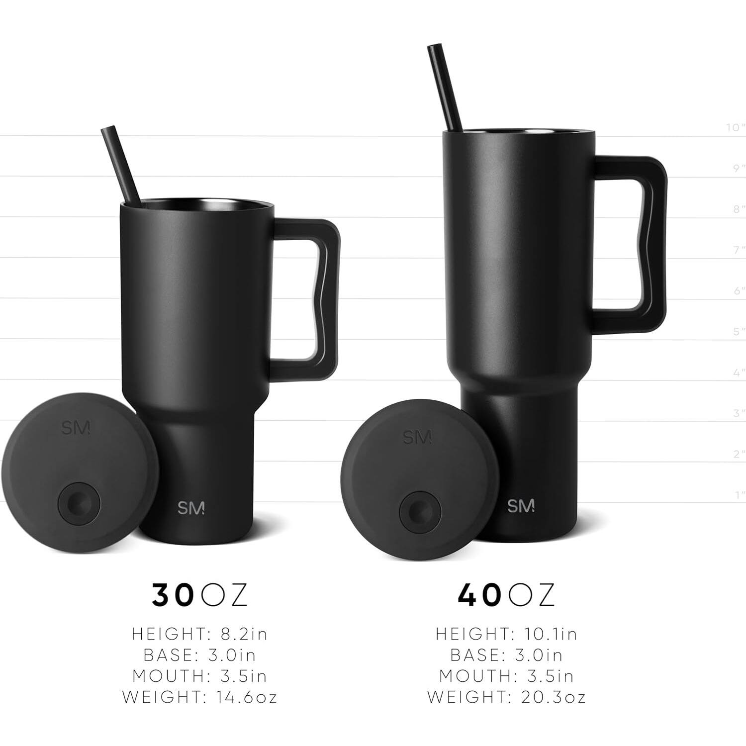 The corrected text is:

- 10 9 8 7 6 5" 4 SM SM 31 2' SM SM 11 30OZ
- HEIGHT: 8.2in
- BASE: 3.0in
- MOUTH: 3.5in
- WEIGHT: 14.6oz

- 400Z
- HEIGHT: 10.1in
- BASE: 3.0in
- MOUTH: 3.5in
- WEIGHT: 20.3oz