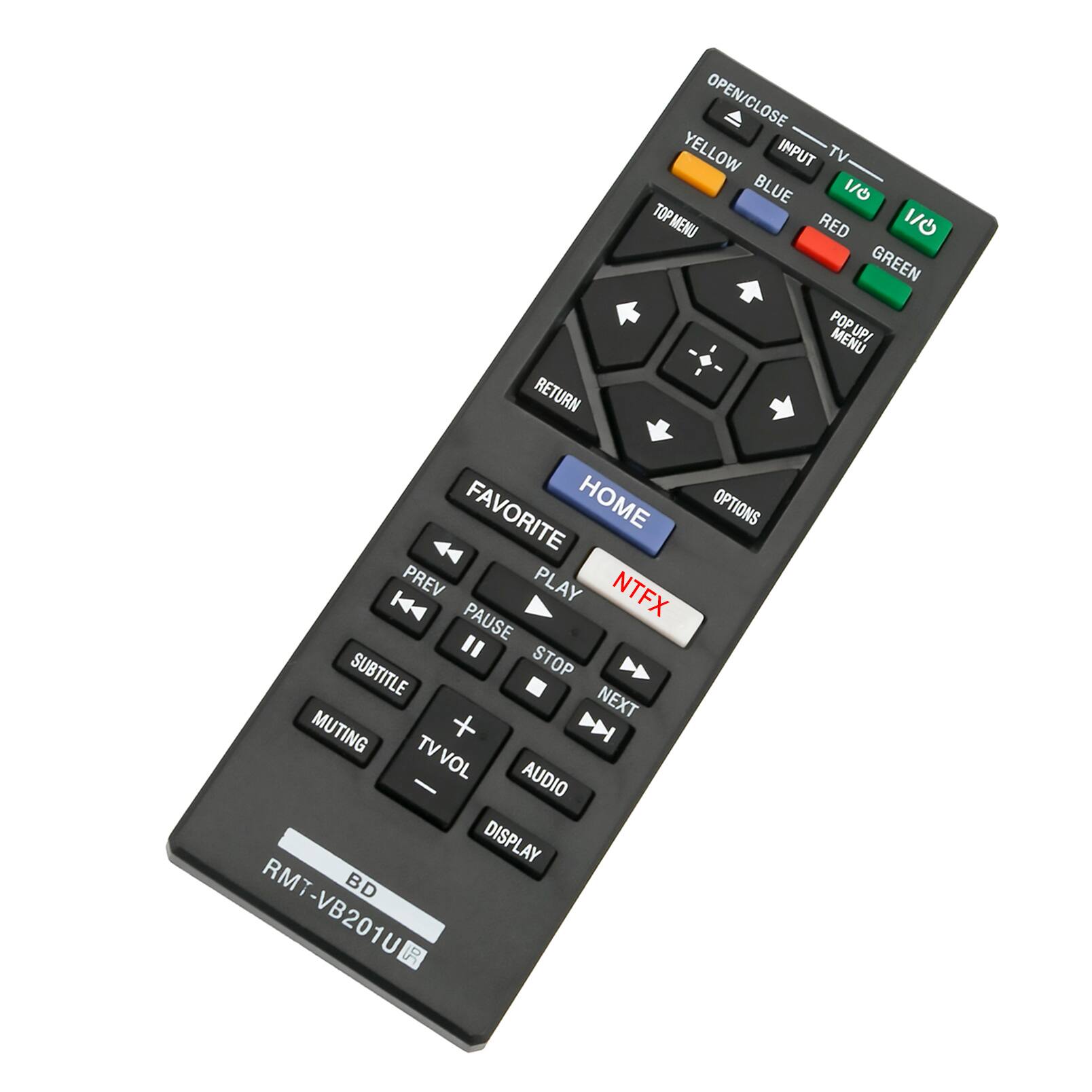 RETURN OPEN/CLOSE YELLOW INPUT TV BLUE 1/0 TOP MENU 1/0 RED GREEN POP MENU UP/ DOWN/ LEFT/ RIGHT FAVORITE HOME PREV PLAY NTFX PAUSE STOP NEXT SUBTITLE MUTING + TV VOL - AUDIO DISPLAY RMT BD RMT-VB201U 50 OPTIONS