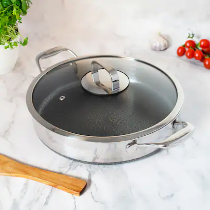 Front. Livwell Brands - DiamondClad™ 5 Quart Hybrid Nonstick Stainless Steel Saute Pan and Lid, Dishwasher Safe, PFOA-free – Silver/Black - Silver/Black.