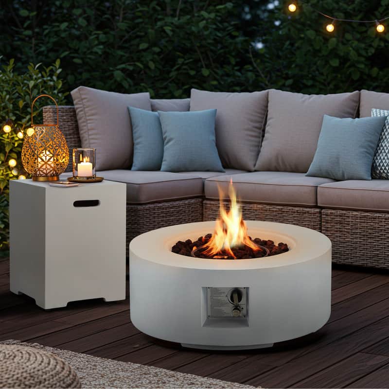 U-HOMY - Round Propane Fire Pit Set with Side Cabinet – Outdoor Patio Heating for Backyard - Table And Cabinet