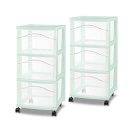Sterilite - 3 Drawer Storage Cart, Plastic Rolling Organization Cart, 2 Pack - Mint