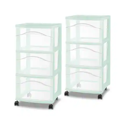 Front. Sterilite - Sterilite 3 Drawer Storage Cart, Plastic Rolling Organization Cart, Mint, 2 Pack - Mint.