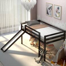 Front. Gymax - Gymax Twin Size Loft Bed with Slide Wood Low Sturdy Loft Bed Bedroom Espresso - Espresso.