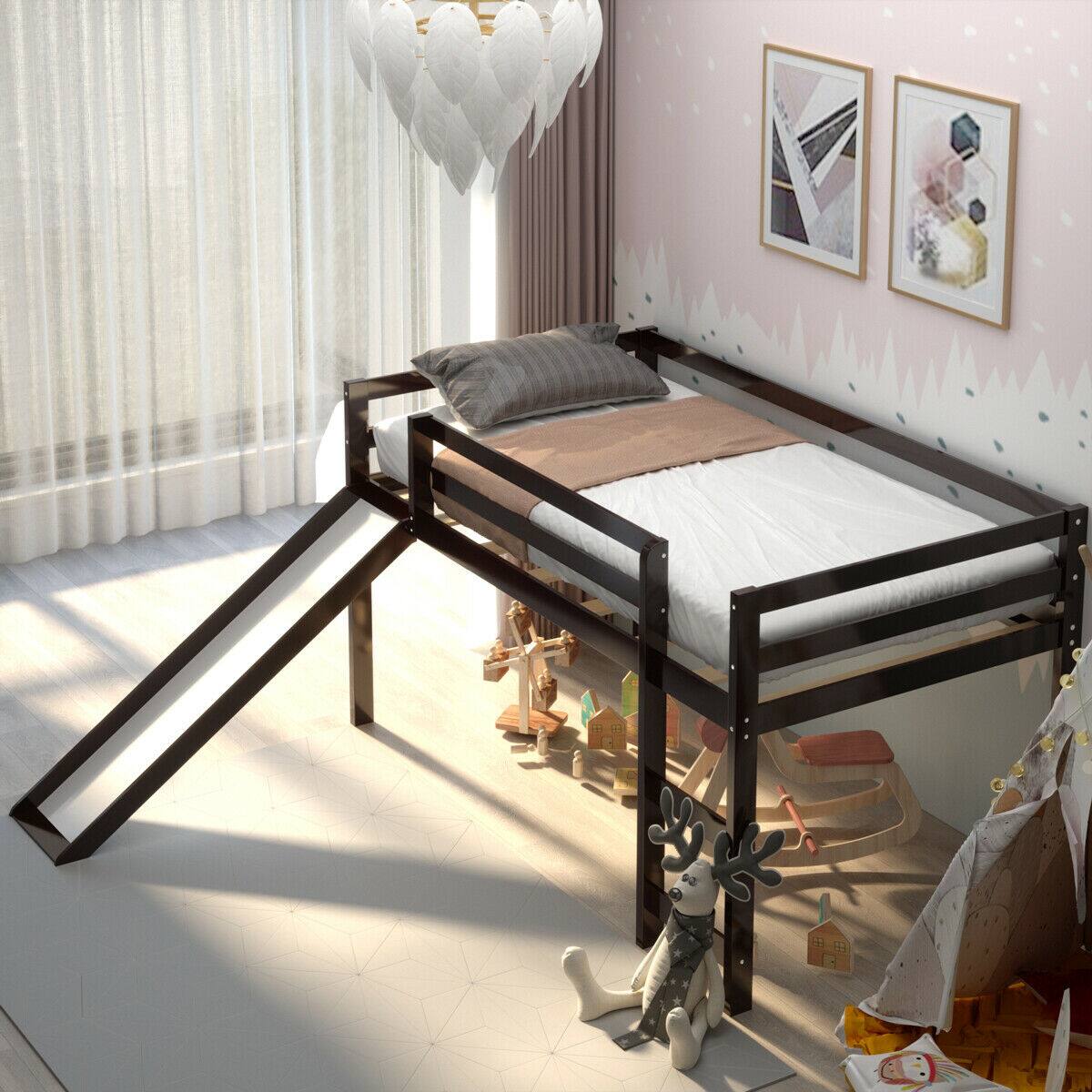 Front. Gymax - Gymax Twin Size Loft Bed with Slide Wood Low Sturdy Loft Bed Bedroom Espresso - Espresso.