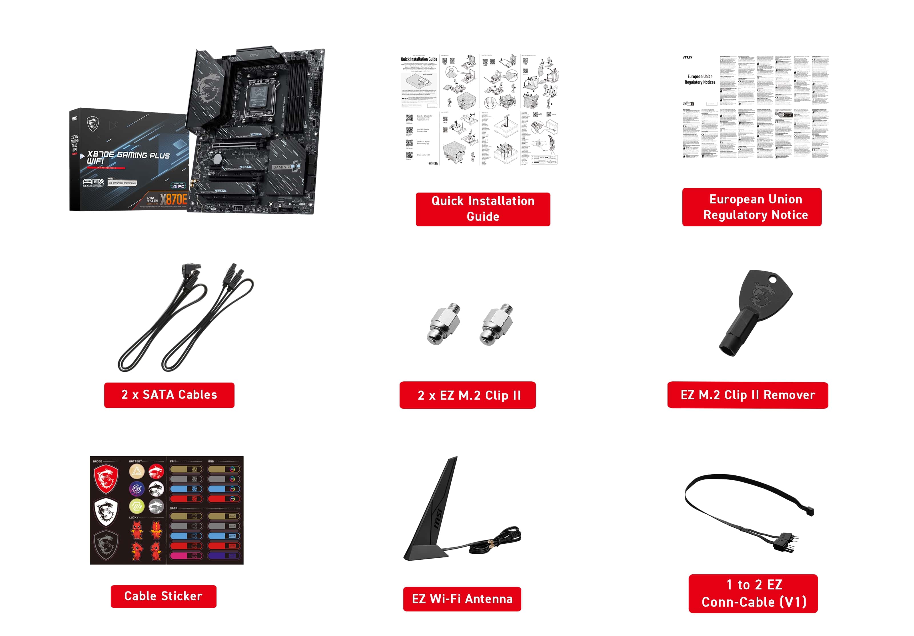 The text on the image can be grouped and corrected as follows:

1. Quick Installation Guide
2. European Union Regulatory Notice
3. 2 x SATA Cables
4. 2 x EZ M.2 Clip II
5. EZ M.2 Clip II Remover
6. 5 x Isw Cable Sticker
7. EZ Wi-Fi Antenna 1 to 2
8. EZ Conn-Cable (V1)