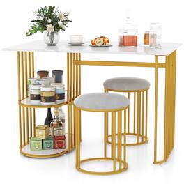 Gymax - 3 Piece Dining Table Set w/ 2 Stools 2-tier Storage Shelf Upholstered Seat - White, Gold