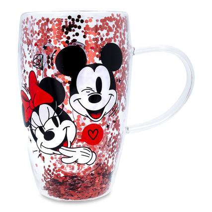 Front. Disney - Disney Mickey and Minnie Hearts & Diamonds Confetti Glass Mug | Holds 15 Ounces - Red.
