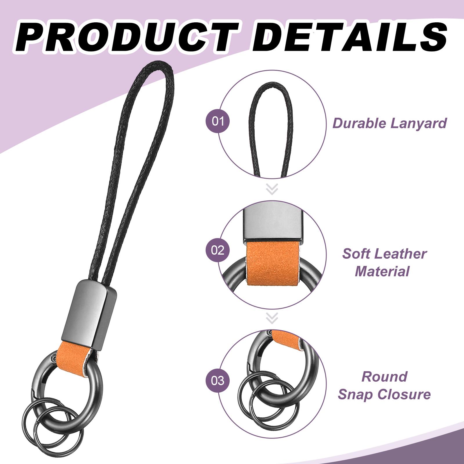 PRODUCT DETAILS  
01 Durable Lanyard  
02 Soft Leather Material  
03 Round Snap Closure
