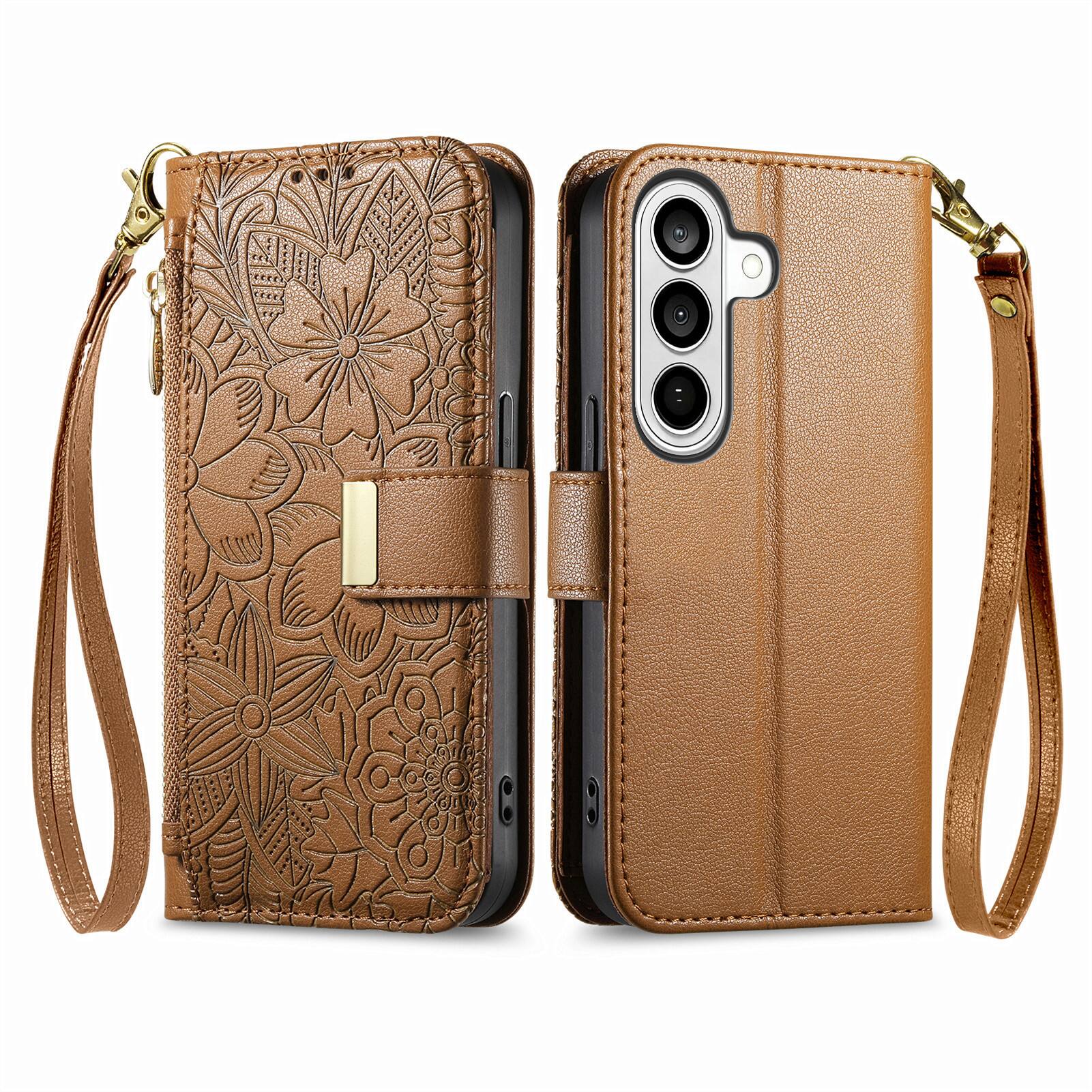 Angle. UUCOVER - Floral PU Leather Wallet Case for Samsung Galaxy S26 with Zipper Pocket, Cash Card Slot Holder, Shoulder & Wrist Strap - Brown.