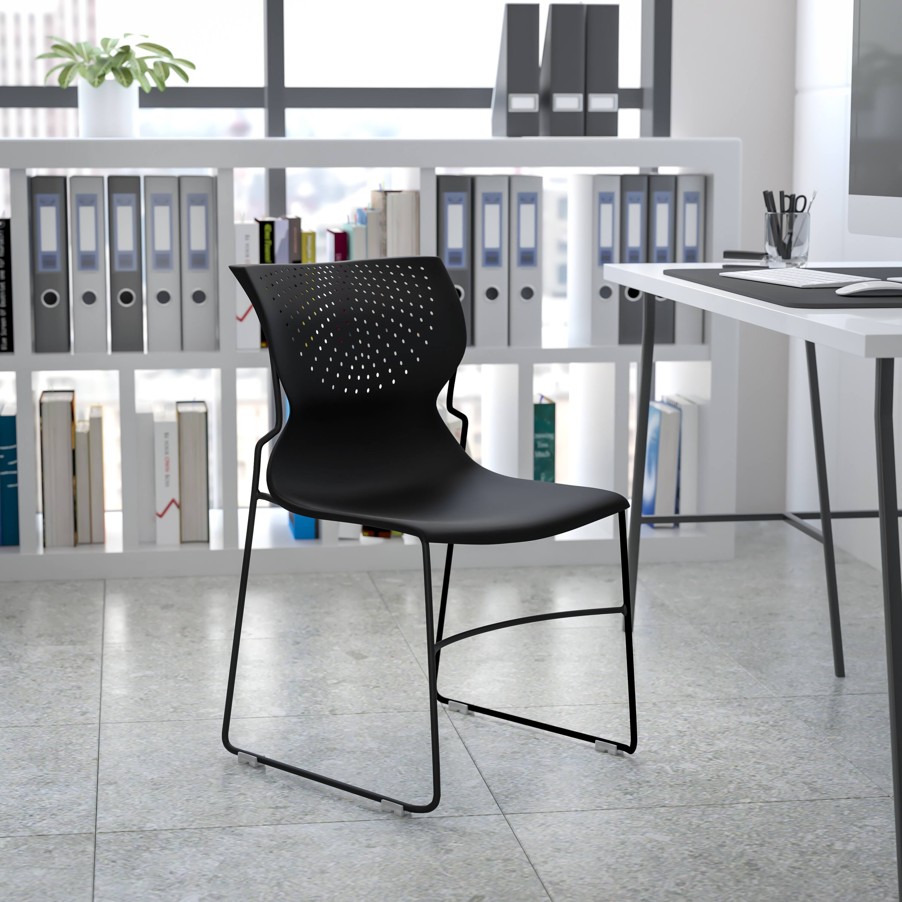 Alt View 1. Emma + Oliver - Home and Office Stack Chair with Lumbar Support and Metal Frame - Guest Chair - Black.