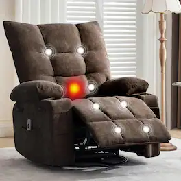 Jojoka - 35" Wide Oversize Swivel Recliner Chair with Massage and Heat, Munual Recliner Rocker with Cup Holders - Brown