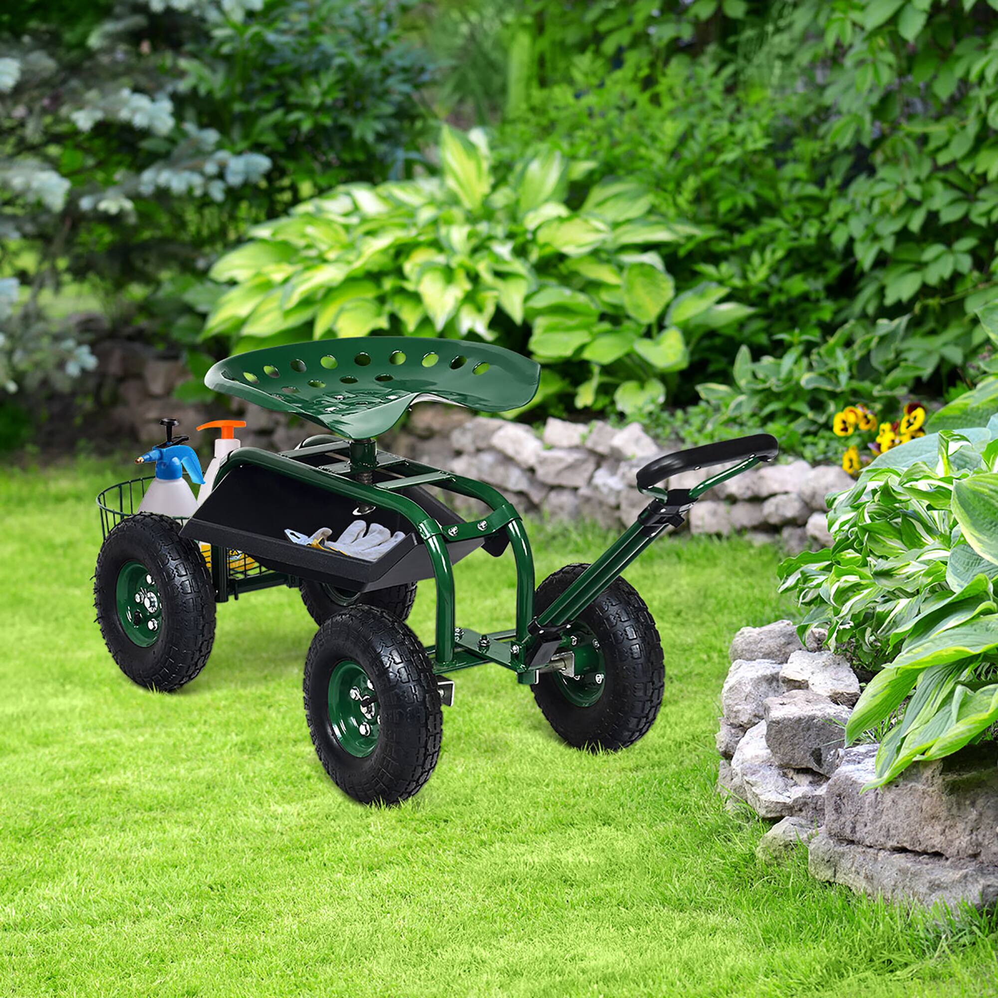 Alt View 9. Costway - Costway Garden Cart Rolling Work Seat with Tray Basket Extendable Handle - Green.