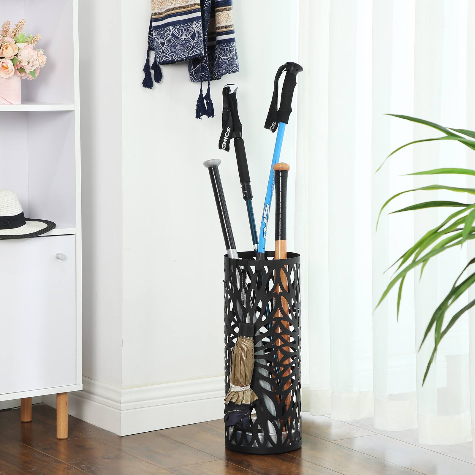 Angle. Songmics Home - Umbrella Stand, Umbrella Holder for Entryway, Steel Round Umbrella Rack Organizer Freestanding, for Canes Walking Sticks - Matte Black.