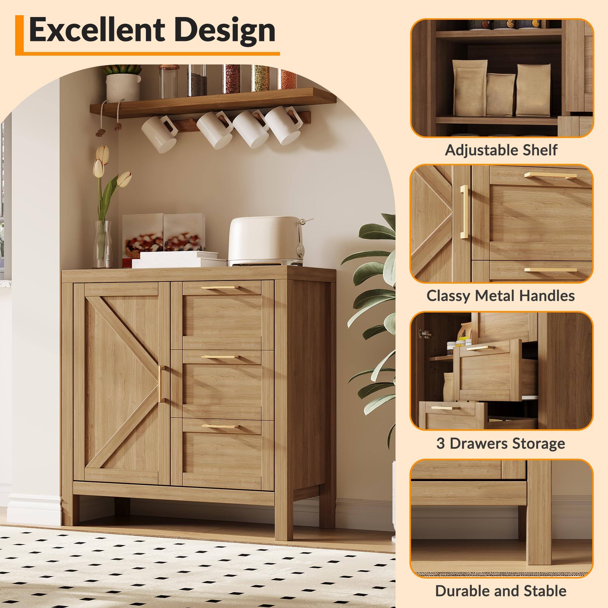 Excellent Design

- Adjustable Shelf
- Classy Metal Handles
- 3 Drawers Storage
- Durable and Stable