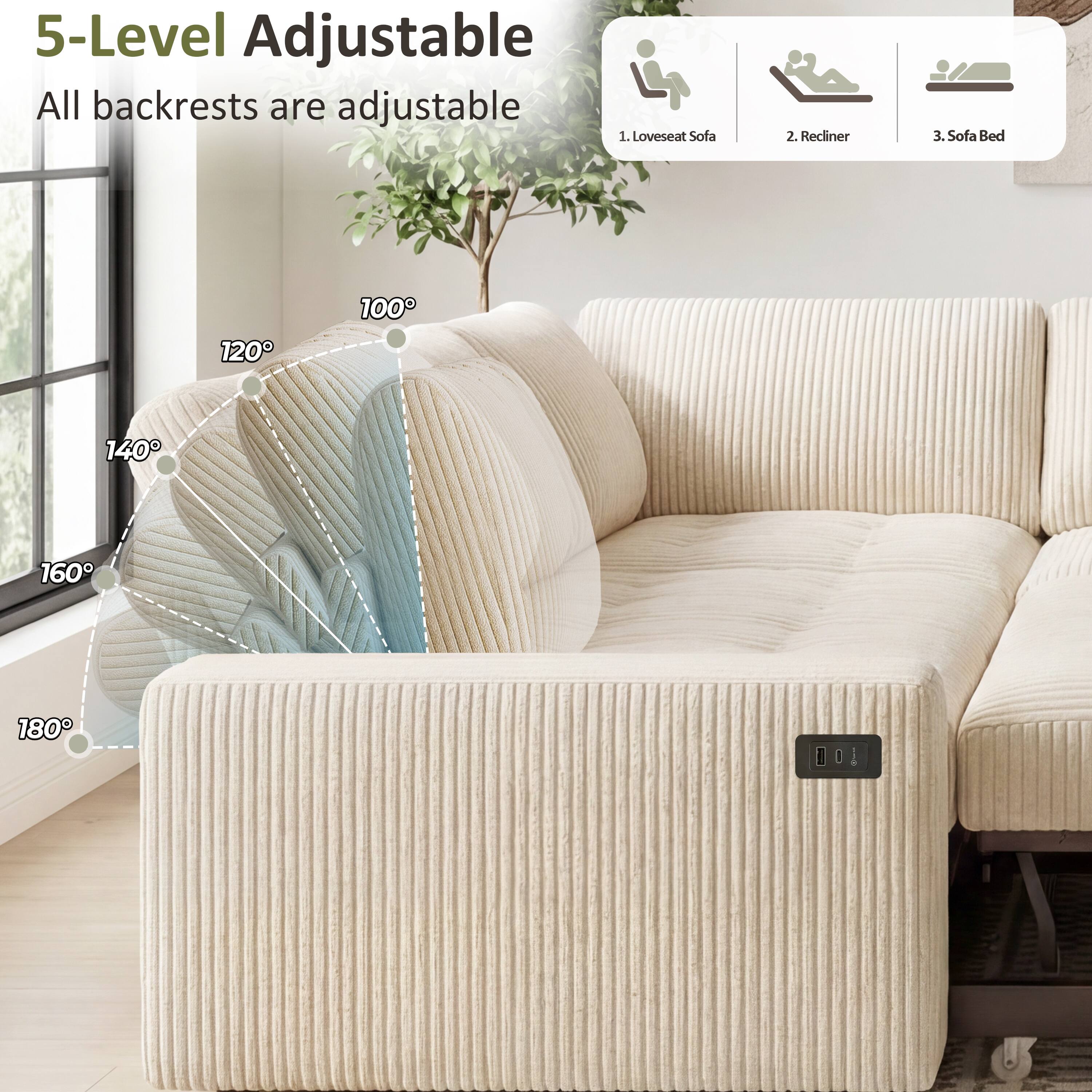 5-Level Adjustable  
All backrests are adjustable  
1. Loveseat Sofa  
2. Recliner  
3. Sofa Bed  
120° 100° 140° 160° 180°