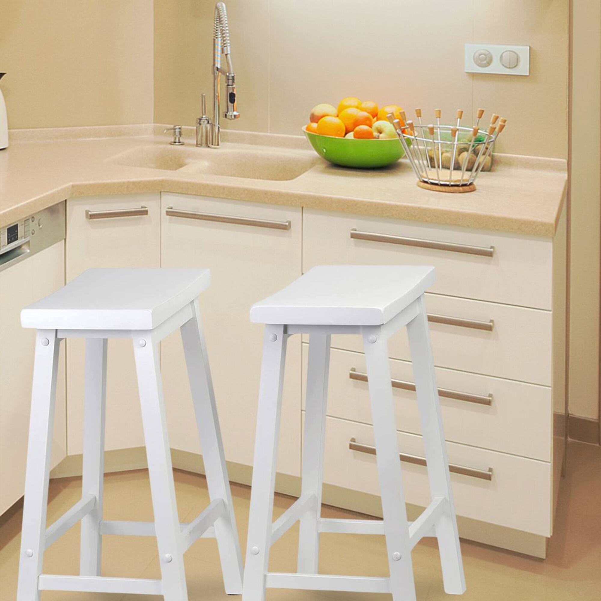Alt View 3. PJ Wood - PJ Wood Classic Saddle-Seat 24" Tall Kitchen Counter Stools, White, (Set of 2) - White.