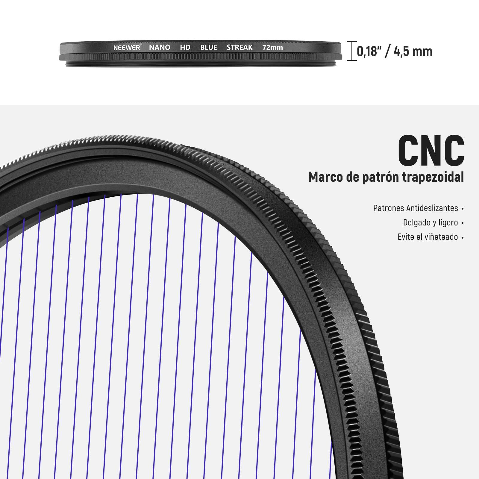 NEEWER NANO HD BLUE STREAK 72mm 0,18" / 4,5 mm CNC Marco de patrón trapezoidal Patrones Antideslizantes Delgado y ligero Evite el viento