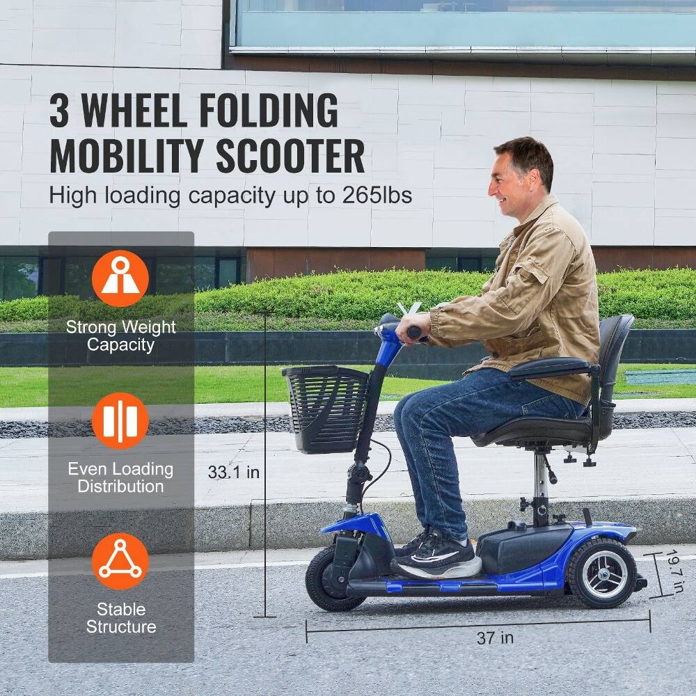 3 WHEEL FOLDING MOBILITY SCOOTER

High loading capacity up to 265lbs

Strong Weight Capacity

Even Loading Distribution

Stable Structure

33.1 in

37 in

19.7 in