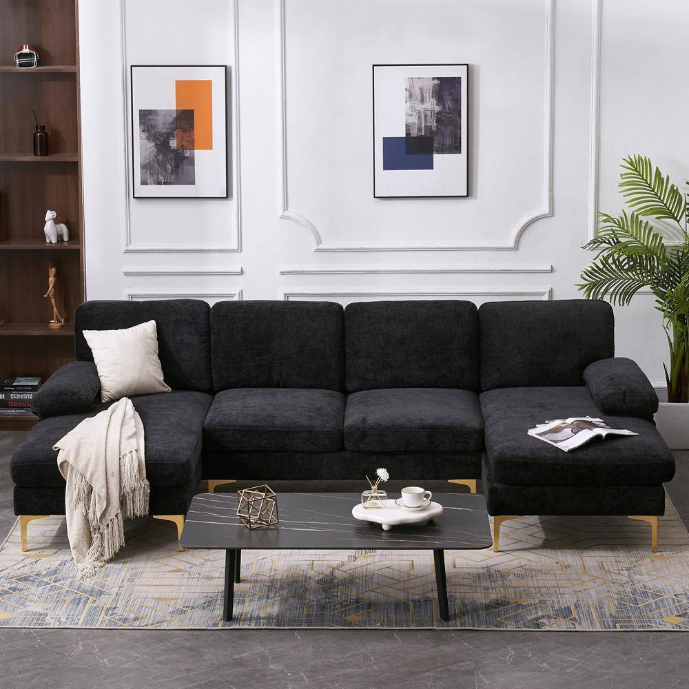 Alt View 4. Winado - 4 Seater U Shape Sectional Sofa Set with Two Chaise Living Room Furniture Couch - Black.