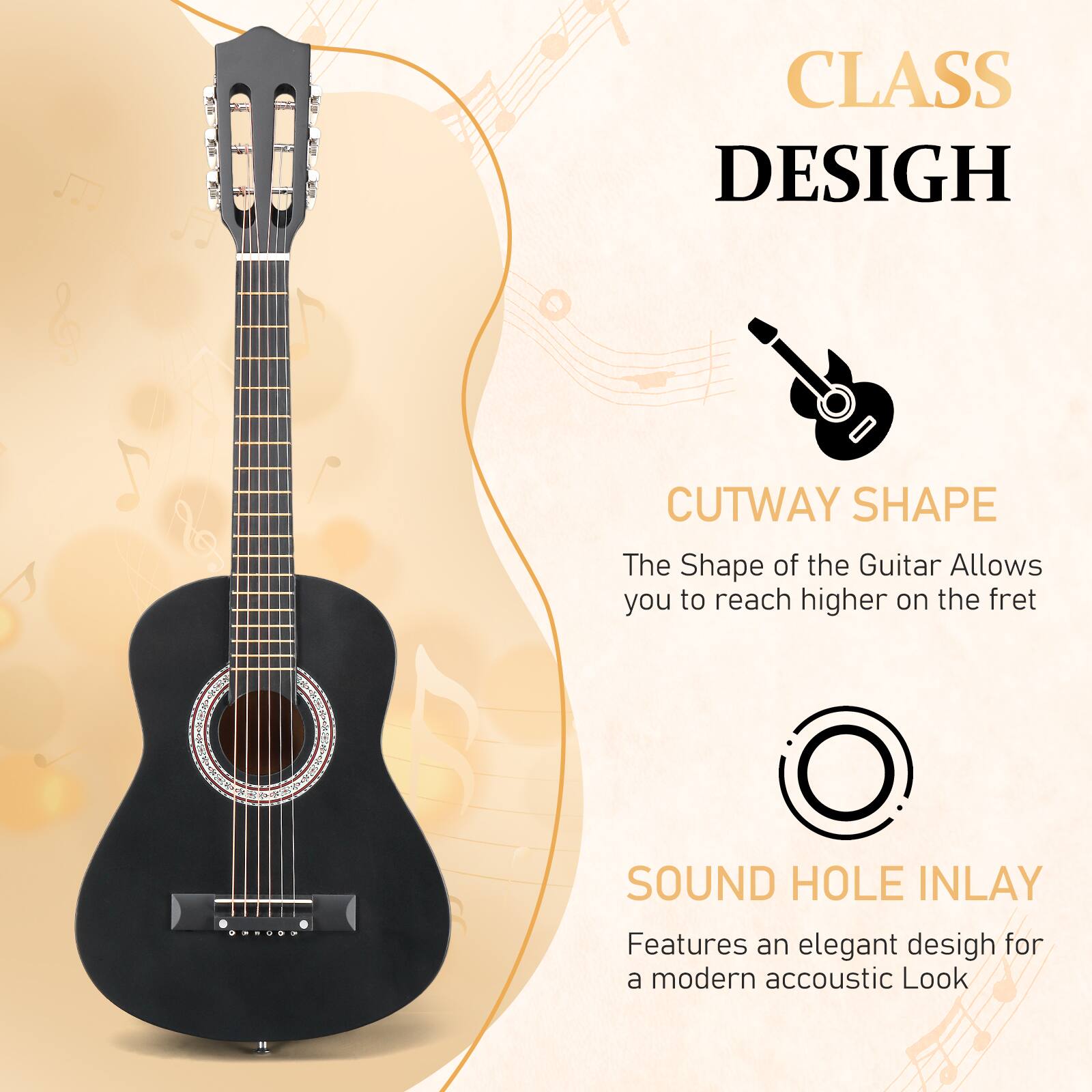 CLASS DESIGN

CUTWAY SHAPE  
The Shape of the Guitar Allows you to reach higher on the fret

SOUND HOLE INLAY  
Features an elegant design for a modern acoustic Look