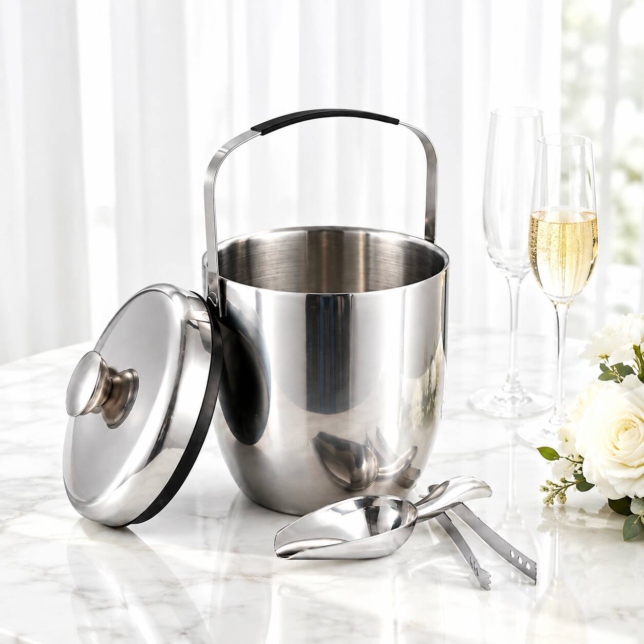 Left. Malletson - 3L Double-Wall Insulated Stainless Steel Ice Bucket with Lid & Tongs – 20-Hour Cold Retention - Sliver.