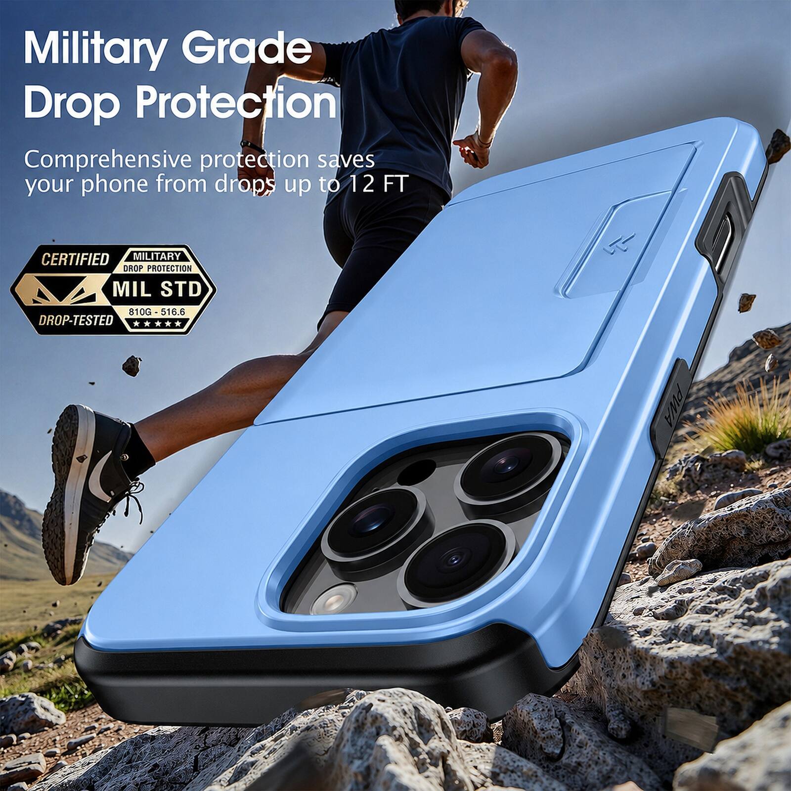 Military Grade Drop Protection  
Comprehensive protection saves your phone from drops up to 12 FT  

CERTIFIED MILITARY DROP PROTECTION  
MIL STD 810G - 516.6 DROP-TESTED