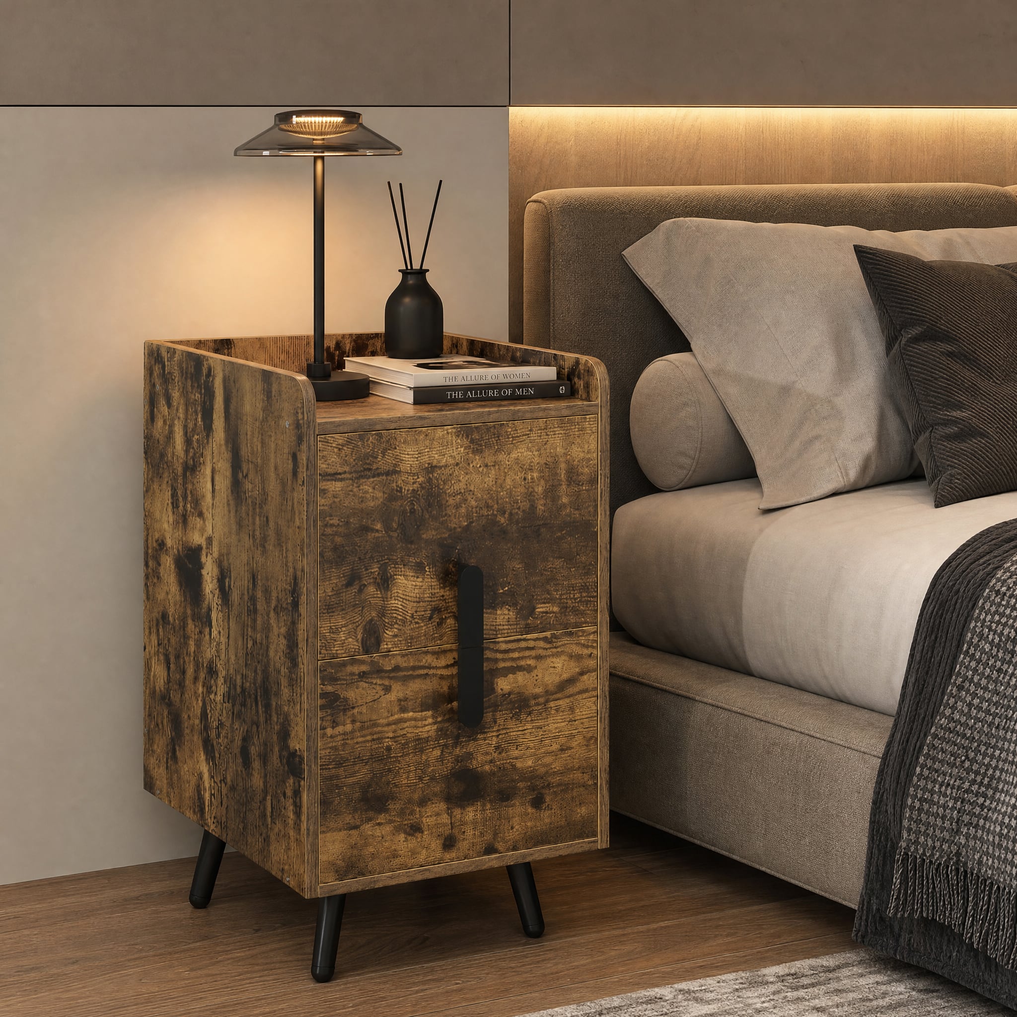 WELLFOR - Nightstand Side Tables with 2 Drawers and 2 USB Ports - Rustic Brown