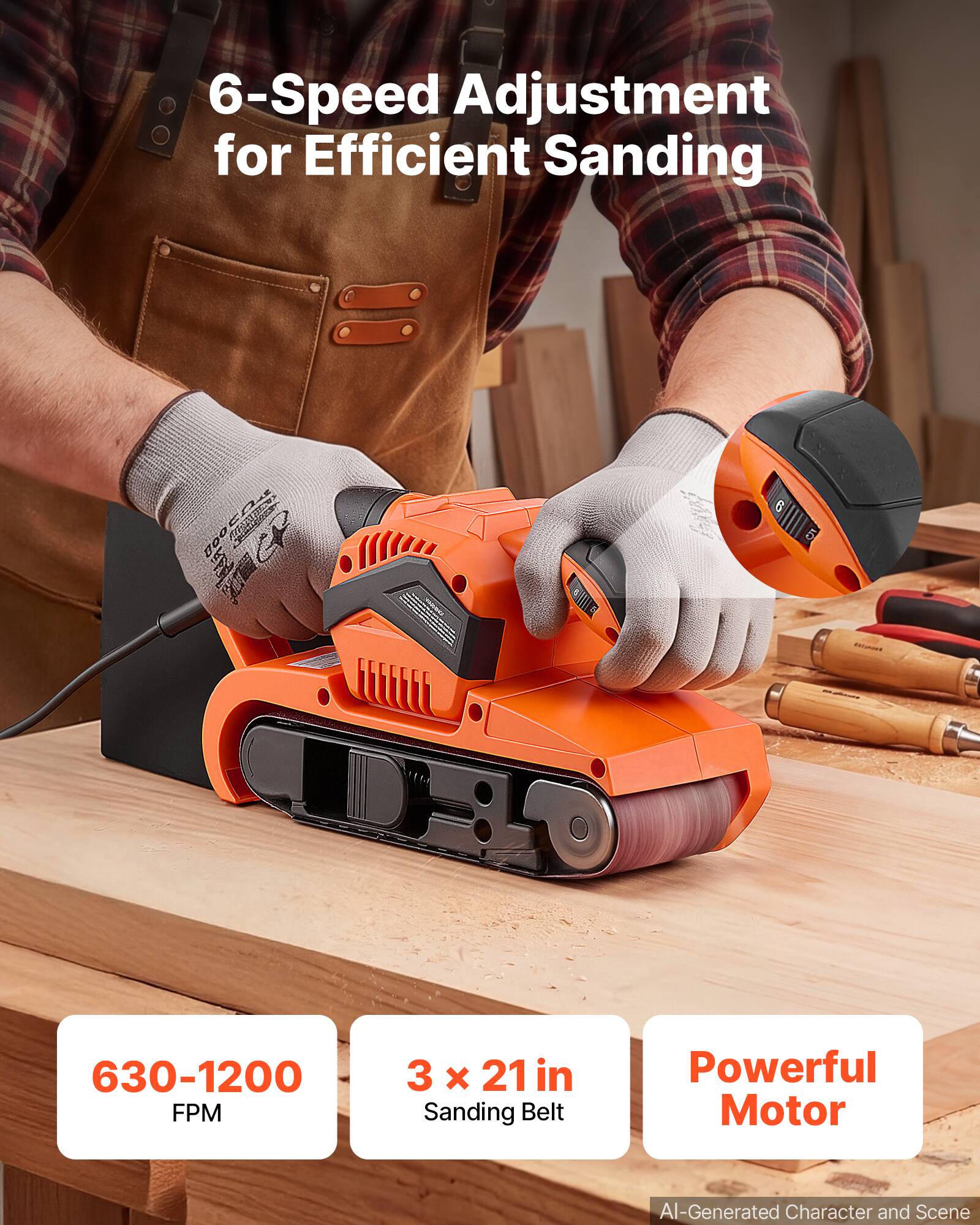 6-Speed Adjustment for Efficient Sanding

630-1200 FPM

3 x 21 in Sanding Belt

Powerful Motor

AI-Generated Character and Scene