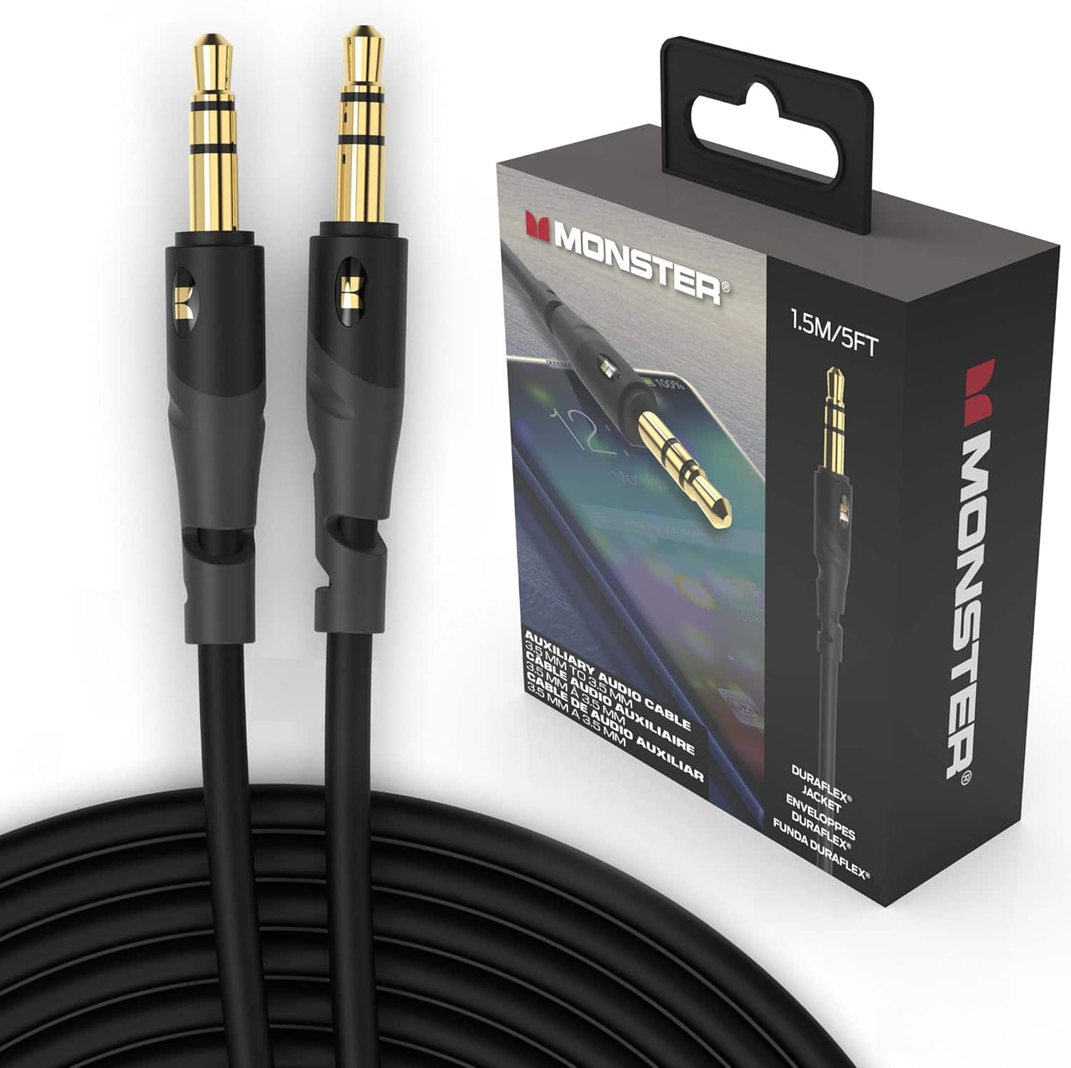 Monster - Gen1 Essentials Mini-to-Mini Interconnect Audio Cable 3.5mm Male to Male, 5FT Aux Cord w/Duraflex Jacket, Gold Plated - Black