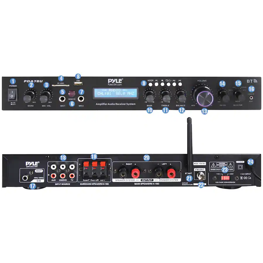 Pyle 2.1 Channel 200 Watt Max Bluetooth Stereo Amplifier/Receiver with ...