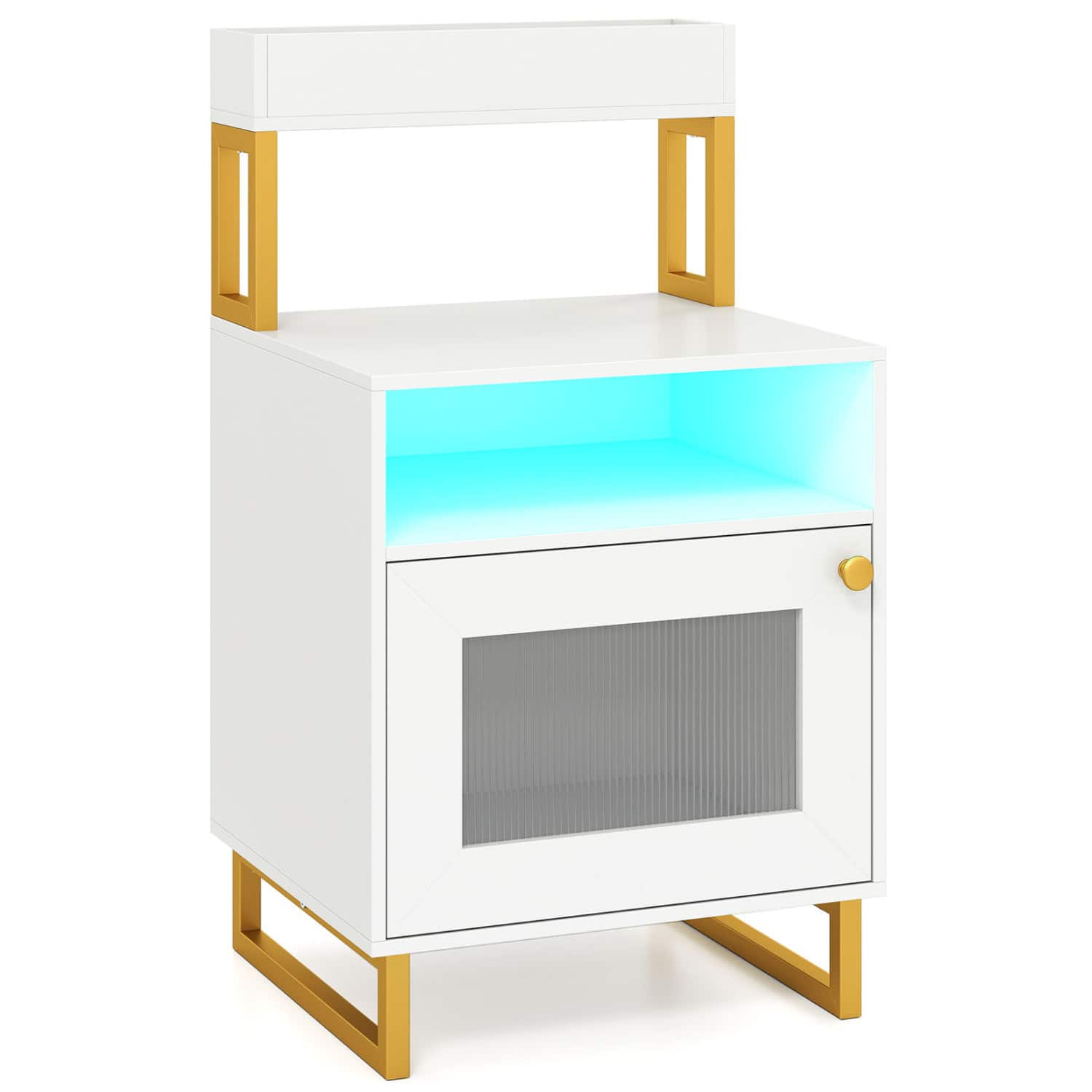 WELLFOR - LED Nightstand with Top Tray Open Compartment and Storage Cabinet - White